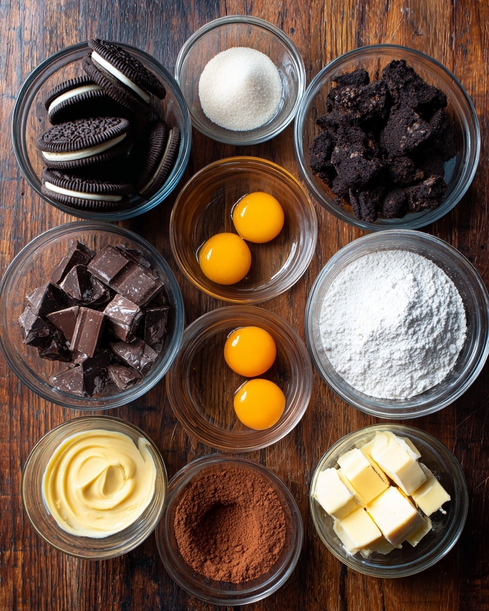 The image shows ten small clear glass bowls placed on a dark wooden surface, each bowl filled with different baking ingredients. At the top left is a bowl with dark sandwich cookies arranged vertically, showing their cream filling. Next to it, at the top right, is a bowl with dark chocolate chunks with rough texture. Below the cookies and chocolate, there is a set of three bowls in a row: the left one contains a thick cream that is pale yellow, the middle bowl has three bright orange egg yolks, and the right bowl is filled with white granulated sugar. Centered beneath these bowls, there is a bowl with milk chocolate chunks that are irregular in shape. Below this, at the bottom left, a small bowl contains pale yellow melted butter, next to it, a bowl with cocoa powder mixed with a white powder, and finally, at the bottom right, a small bowl has two chunks of butter. The surface beneath is clean with a white marbled texture. photo taken with an iphone --ar 4:5 --v 7