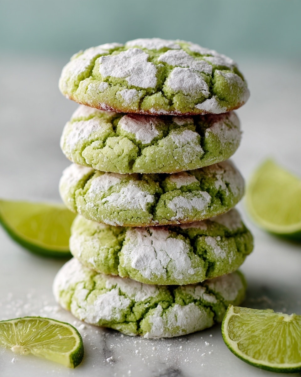 A close-up of six green cookies stacked in a rough pyramid shape on a white marbled surface, each cookie covered in cracked white powdered sugar that creates a textured contrast with the light green dough; faint lime halves are placed around the cookies in soft focus, and the overall look is fresh and inviting, showing the detailed cracks and powder on the cookies photo taken with an iphone --ar 4:5 --v 7