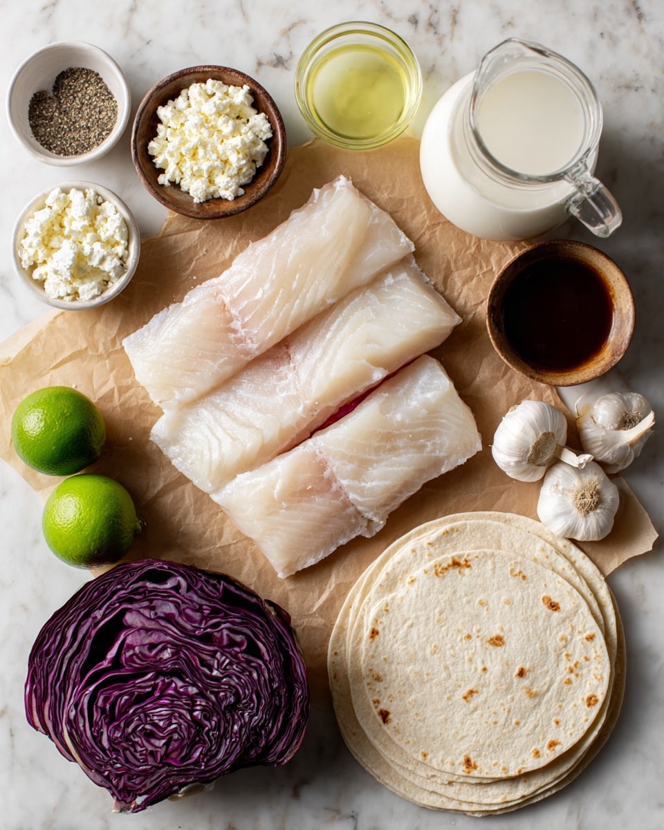 The image shows a top view of raw white fish fillets with a pale pink center placed in the middle on a wrinkled brown parchment paper. Surrounding the fish are three white flour tortillas stacked on the bottom right, a lime, three garlic cloves and a small bowl of dark brown sauce to the right. On the top right, there is a small clear pitcher of white milk and a glass cup with pale yellow liquid. On the top left, a small bowl of crumbled white cheese along with a small bowl of clear oil and a small bowl of mixed salt and black pepper are arranged. At the bottom left, there are fresh green and purple cabbage halves. All items rest on a white marbled surface. photo taken with an iphone --ar 4:5 --v 7