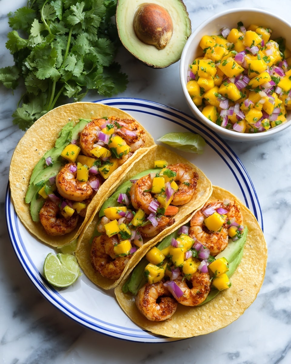 A white plate with a blue rim holds three soft yellow corn tortillas stacked with layers starting from the bottom with seasoned grilled shrimp, topped with bright yellow mango salsa made of diced mango, red onion, and green peppers, and finished with fresh green avocado slices and cilantro leaves scattered on top. Next to the tacos is a small white bowl filled with more vibrant mango salsa. A halved avocado with its brown seed is partially visible on a white marbled surface nearby. The whole scene is bright and fresh, showing a mix of colors and textures from soft tortillas, tender shrimp, juicy mango, crisp onions, and creamy avocado photo taken with an iphone --ar 4:5 --v 7
