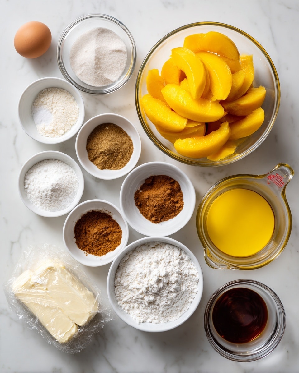 The image shows many cooking ingredients laid out on a white marbled surface. In the center is a clear glass bowl filled with bright yellow peach slices. To the upper right of the bowl is a clear measuring cup holding yellow melted butter. Around the bowl and cup are small white bowls and clear glass bowls containing different powders and granules, including white flour, sugar, brown sugar, baking powder, salt, and spices like cinnamon and nutmeg. There is also a small white bowl with a single cracked egg and a small bowl of dark vanilla extract nearby. A wrapped block of Philadelphia cream cheese is placed near the bottom left. All the items are organized neatly, ready for use. photo taken with an iphone --ar 4:5 --v 7