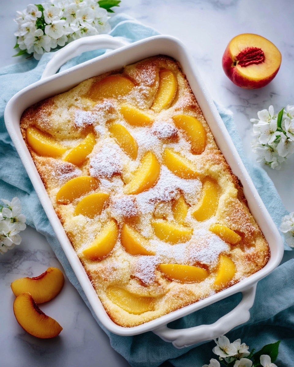A white ceramic baking dish filled with a peach cobbler, showing several layers: at the bottom is a soft, golden brown baked batter layer with some slightly puffed edges, topped with numerous bright yellow peach slices with a hint of red skin, scattered evenly on top; a light dusting of powdered sugar covers the peach slices creating a soft white texture contrast; the dish rests on a light blue cloth on a white marbled surface with small white flowers around it, creating a fresh and clean background photo taken with an iphone --ar 4:5 --v 7