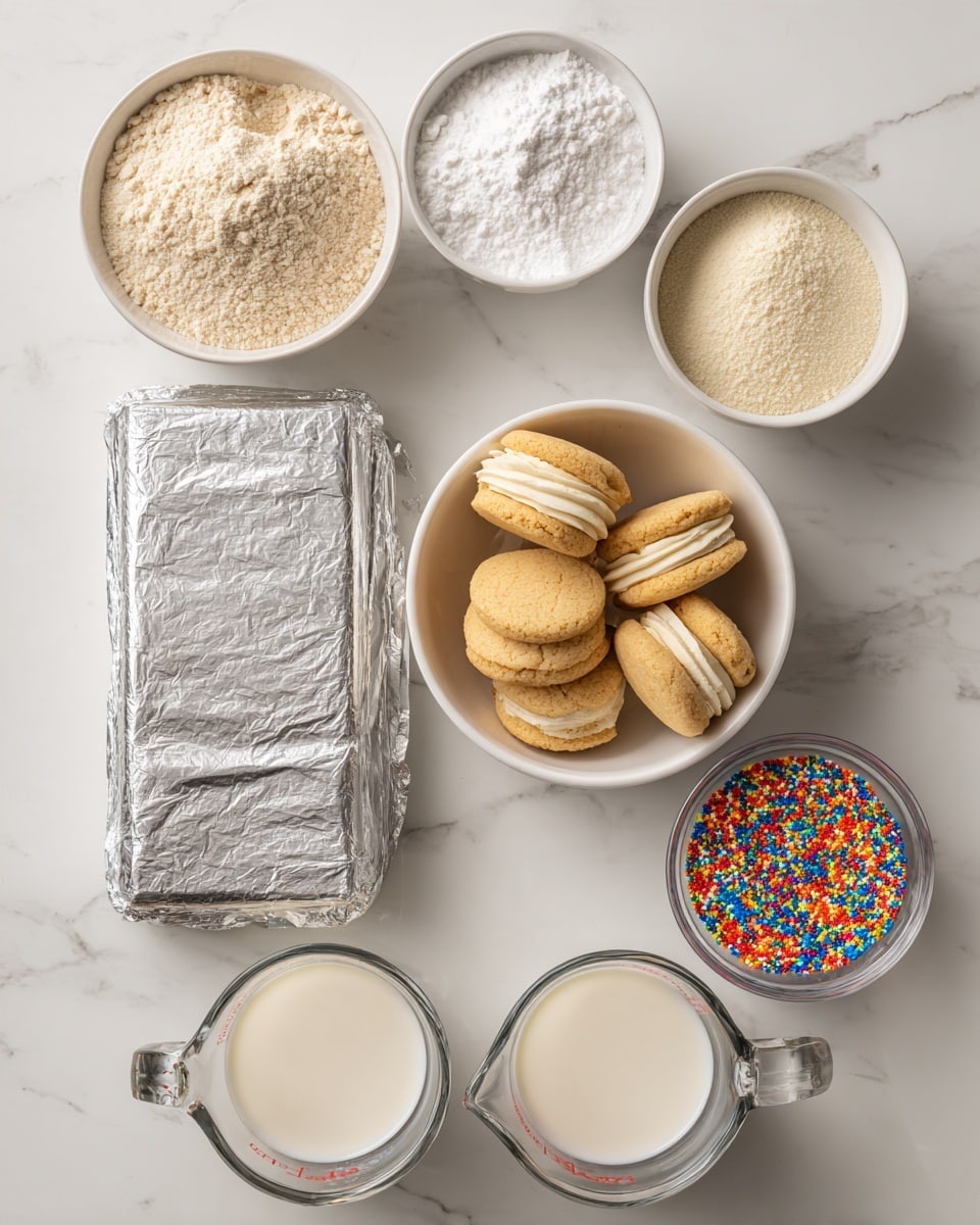 The image shows baking ingredients neatly arranged on a white marbled surface. There are three small white bowls at the top containing beige flour, white powdered sugar, and a light cream-colored powder. Below these bowls, there is a white bowl filled with small round golden brown cookies with a creamy filling visible between some layers. In the middle, there is a silver foil-wrapped rectangular block placed horizontally. To the right of the block, a small white bowl is filled with colorful rainbow sprinkles. At the bottom, two clear glass measuring cups with handles contain white liquids, likely milk or cream, placed side by side with the spouts facing outward. The layout is clean and organized, all items are evenly spaced. Photo taken with an iphone --ar 4:5 --v 7