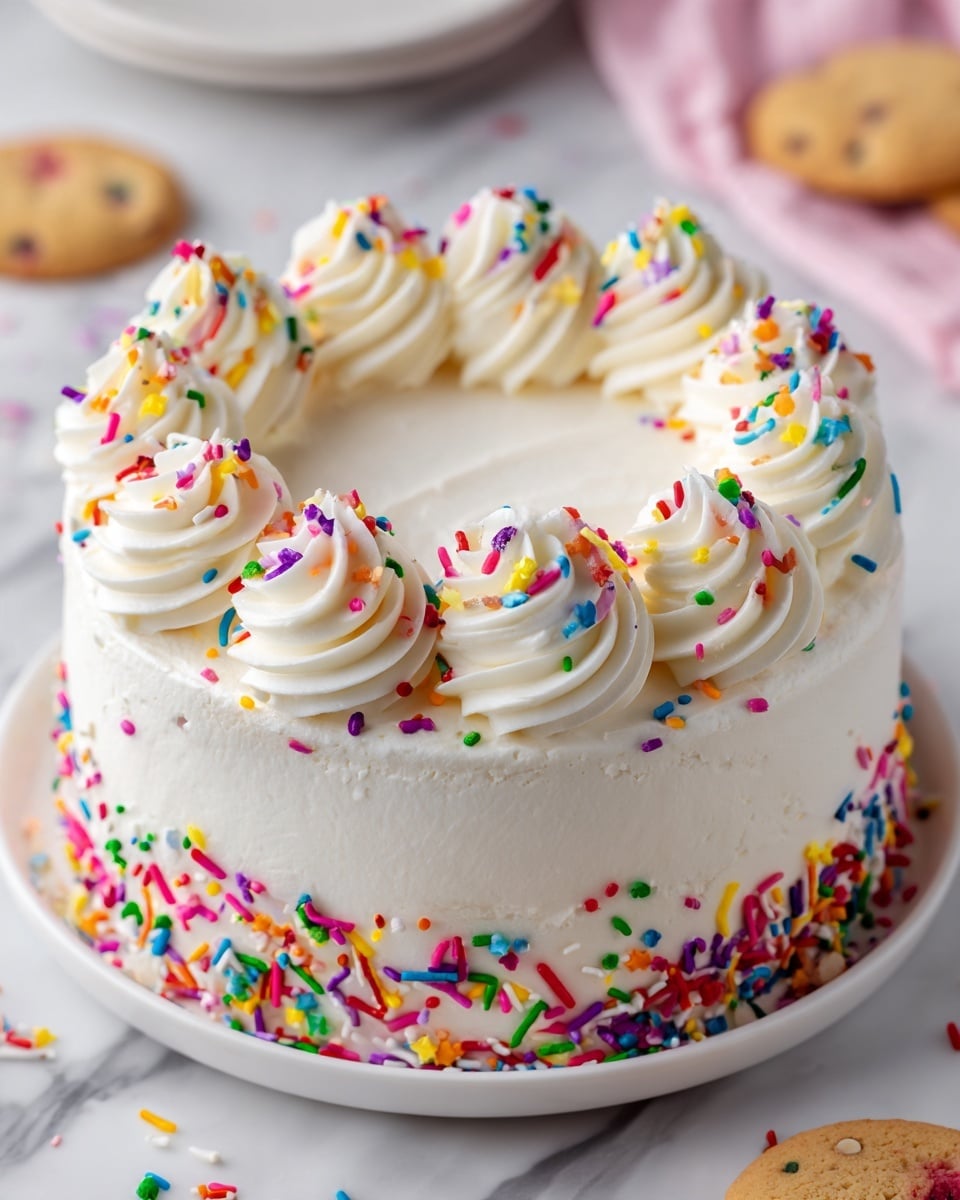 A round cake with a smooth white frosting layer covers the whole cake. There is a ring of white whipped cream swirls evenly spaced along the top edge, each swirl topped with colorful sprinkles in red, green, yellow, blue, purple, and pink. More sprinkles are scattered evenly across the top surface inside the ring of swirls. The cake sits on a white plate on a white marbled surface with a few scattered colorful sprinkles and part of a cookie visible nearby. Photo taken with an iphone --ar 4:5 --v 7
