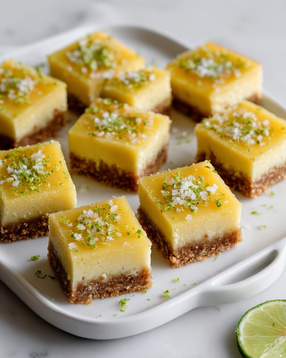 Nine square lemon bars are placed neatly on a flat white plate with a handle on the right. Each bar has two visible layers: a light brown, crumbly bottom crust and a thick, smooth yellow top layer. The yellow layer is sprinkled with light green lime zest and small flakes of white sea salt, adding texture and color contrast. The plate sits on a white marbled surface, and there are scattered lime zest pieces around the bars on the plate. photo taken with an iphone --ar 4:5 --v 7