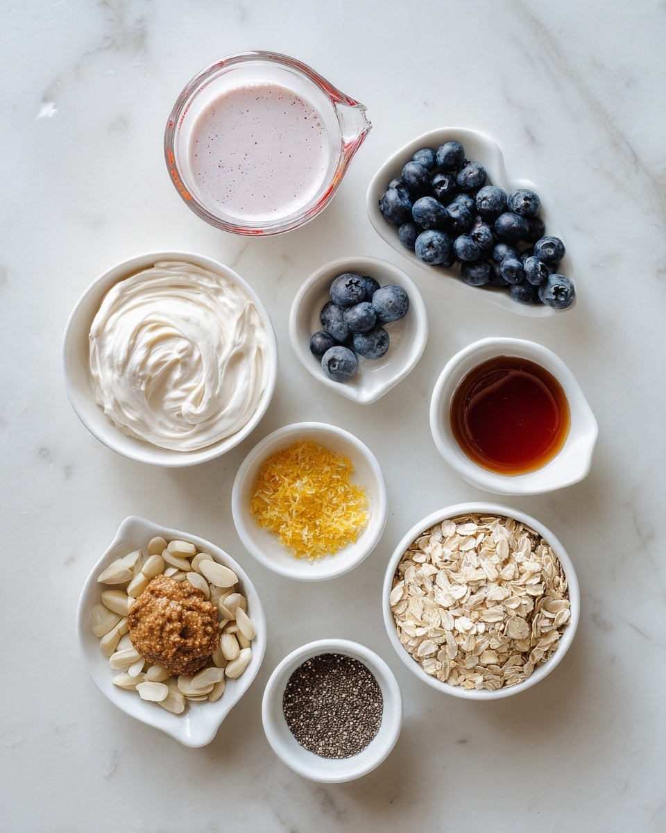 The image shows nine small white bowls and one clear measuring cup arranged on a white marbled surface. From top to bottom and left to right: the clear measuring cup contains light pink liquid, the first white bowl next to it has thick white cream with swirled texture, below these, a small white bowl holds grated yellow zest, another small white bowl contains fresh blueberries, a third small white bowl has a thick brown nut butter, a fourth small bowl contains raw rolled oats, the fifth small bowl is filled with tiny black chia seeds, another small bowl contains a dark brown syrup, the last bowl has sliced light brown almonds, and the final small white bowl holds a dark reddish syrup. The arrangement is neat and the bowls vary in texture and color inside. Photo taken with an iphone --ar 4:5 --v 7