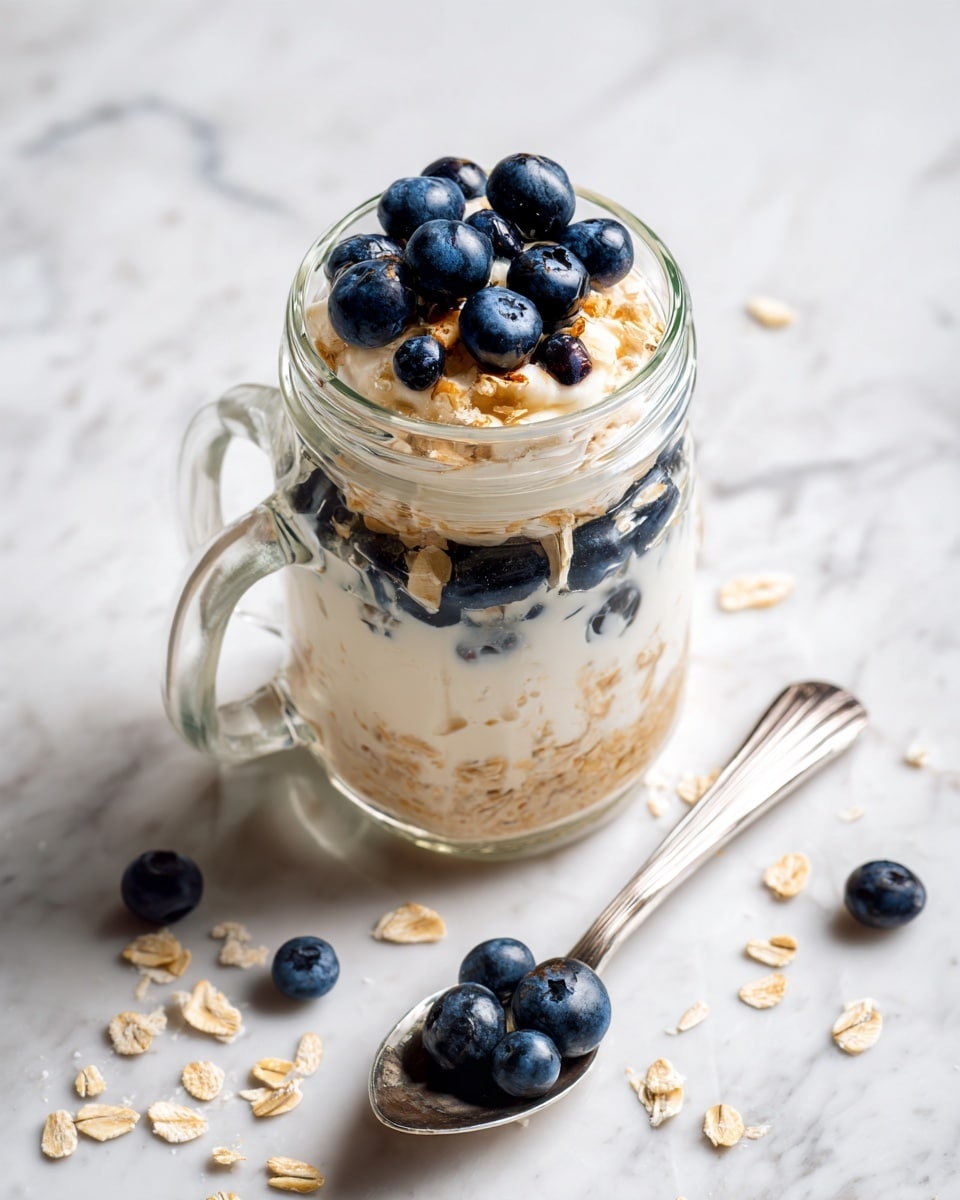 A clear glass jar with a handle is filled with three visible layers: the bottom layer is light brown oats, the middle layer is creamy white yogurt mixed with oats and small pieces of banana, and the top layer is a pile of fresh dark blue blueberries. The jar sits on a white marbled surface. Scattered around the jar are some loose oats and a spoon holding a few blueberries and oats rests beside it. The overall scene is bright and simple. photo taken with an iphone --ar 4:5 --v 7