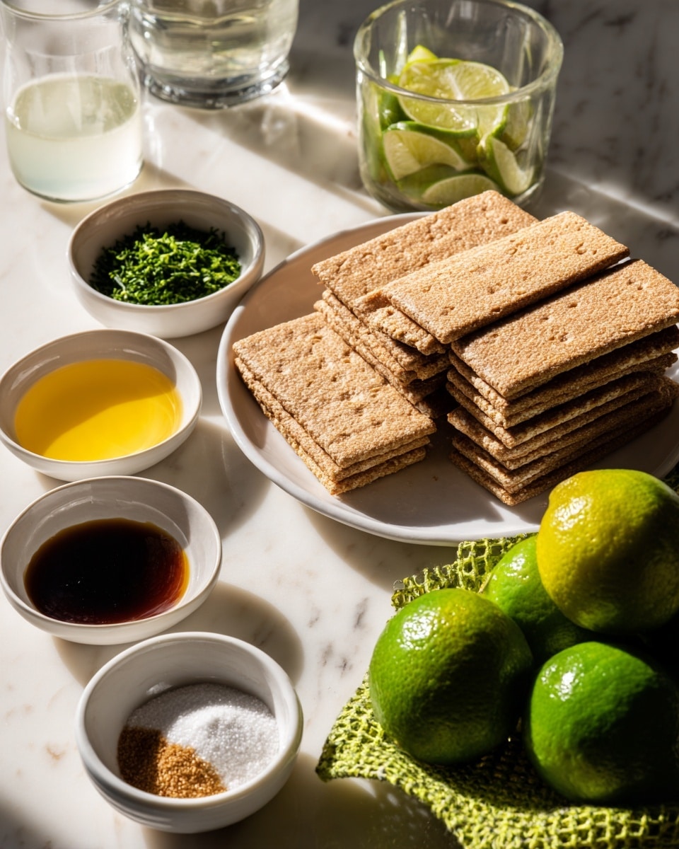 The image shows a white plate filled with two stacks of rectangular graham crackers placed neatly side by side. Surrounding the plate on a white marbled surface are several small white bowls, each holding different ingredients: one with a bright yellow liquid, another with finely chopped green herbs, one with a dark brown liquid, a smaller one with white powder, a larger clear pitcher with white liquid, and a glass bowl with a clear juice being squeezed from lime halves next to it. Several fresh green limes in a green net bag are also arranged on the sides of the setup. The scene is well-lit, creating soft shadows and highlights on the ingredients and plate. Photo taken with an iphone --ar 4:5 --v 7