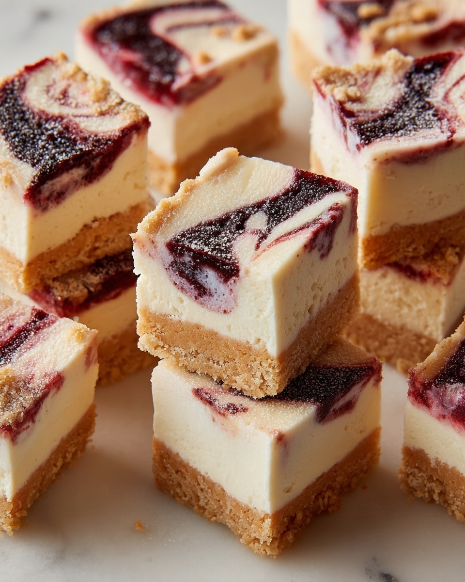 The image shows several small sandwich-shaped dessert pieces stacked closely together on a white marbled surface. Each piece has three clear layers: the top and bottom layers are golden-brown with a soft, slightly crumbly texture, while the middle layer is creamy white with smooth texture and swirls of dark purple, likely berry flavor, running through it. The dark purple swirls create a marbled effect within the creamy layer, adding contrast. The pieces are arranged somewhat unevenly but closely packed, showing the detailed layers of the dessert. photo taken with an iphone --ar 4:5 --v 7