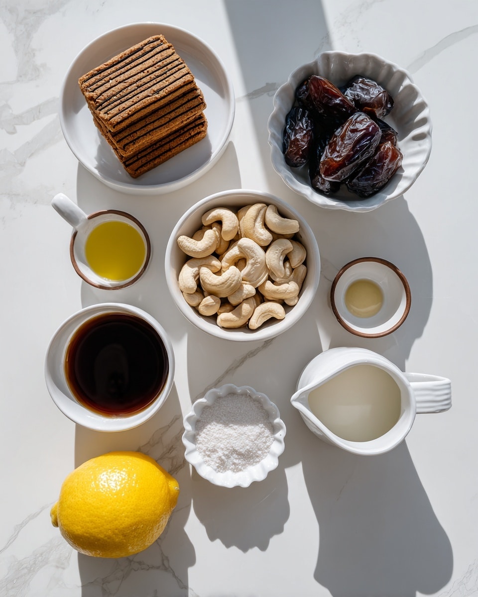 The image shows nine different ingredients arranged neatly on a white marbled surface. On the top left is a white bowl filled with stacked rectangular brown cookies featuring a striped pattern. To its right is a white bowl with dark brown dates. Below them is a larger white bowl packed with many white cashew nuts. Small white and brown round cups holding clear oil, coarse salt, and dark amber syrup are placed below the cookie bowl and dates bowl in a row. At the bottom left, there is a bright yellow lemon. To its right, a white jug is filled with a dark brown liquid, while next to it another white jug contains a creamy white liquid. Below the lemon and the two jugs is a small white scalloped bowl holding a white powdery substance. The scene is bright with soft natural light, with shadows softly falling around the ingredients. Photo taken with an iphone --ar 4:5 --v 7