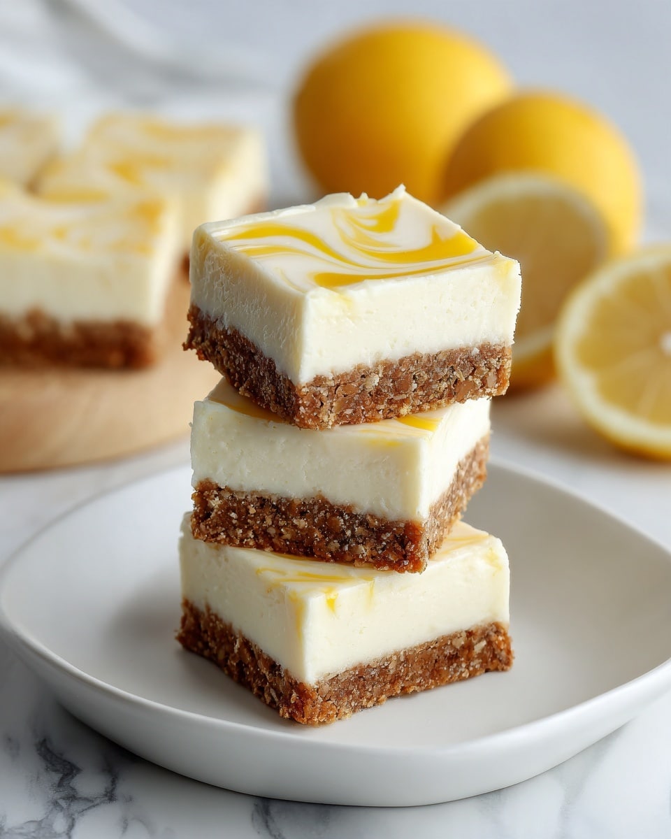 The image shows three stacked dessert bars on a white plate, each with two visible layers: a bottom crumbly brown crust and a thick creamy white layer on top. The top white layer has light yellow swirls that look like a lemon or vanilla drizzle. The texture of the creamy layer is smooth and soft, while the crust looks slightly grainy. In the background, there are whole and halved bright yellow lemons, resting on a white marbled surface. The focus is sharp on the bars, showing the soft creamy texture and the crumbly crust clearly. photo taken with an iphone --ar 4:5 --v 7
