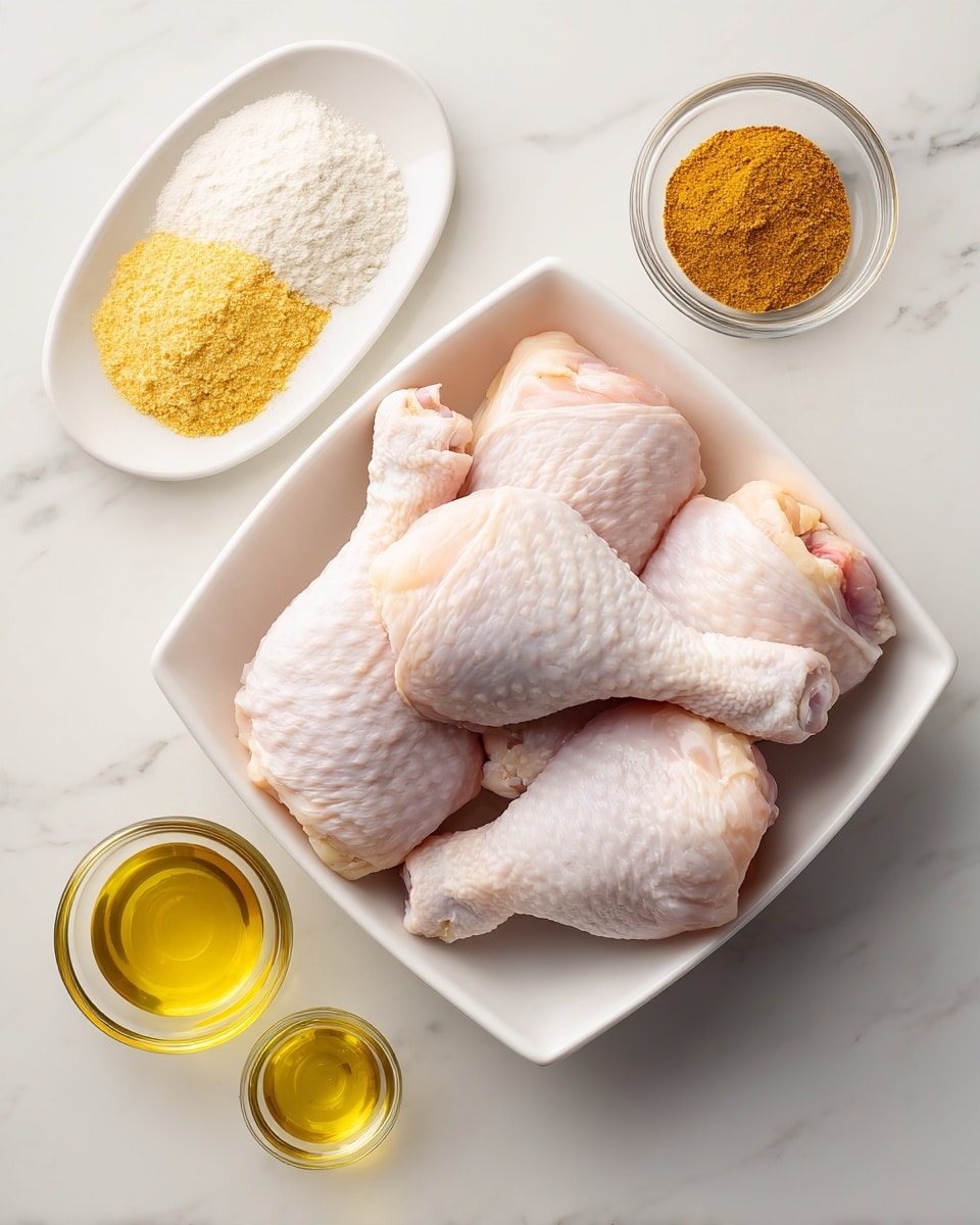 The image shows four raw chicken drumsticks inside a white square bowl, placed on a white marbled surface. Above the bowl, there is a small white plate with three piles of powders—yellow, white, and brown—arranged side by side. Below and slightly to the sides of the bowl are three small glass bowls, containing yellow oil, creamy yellow mustard, and a golden liquid. The scene is neat and bright, emphasizing the raw ingredients for cooking. Photo taken with an iphone --ar 4:5 --v 7