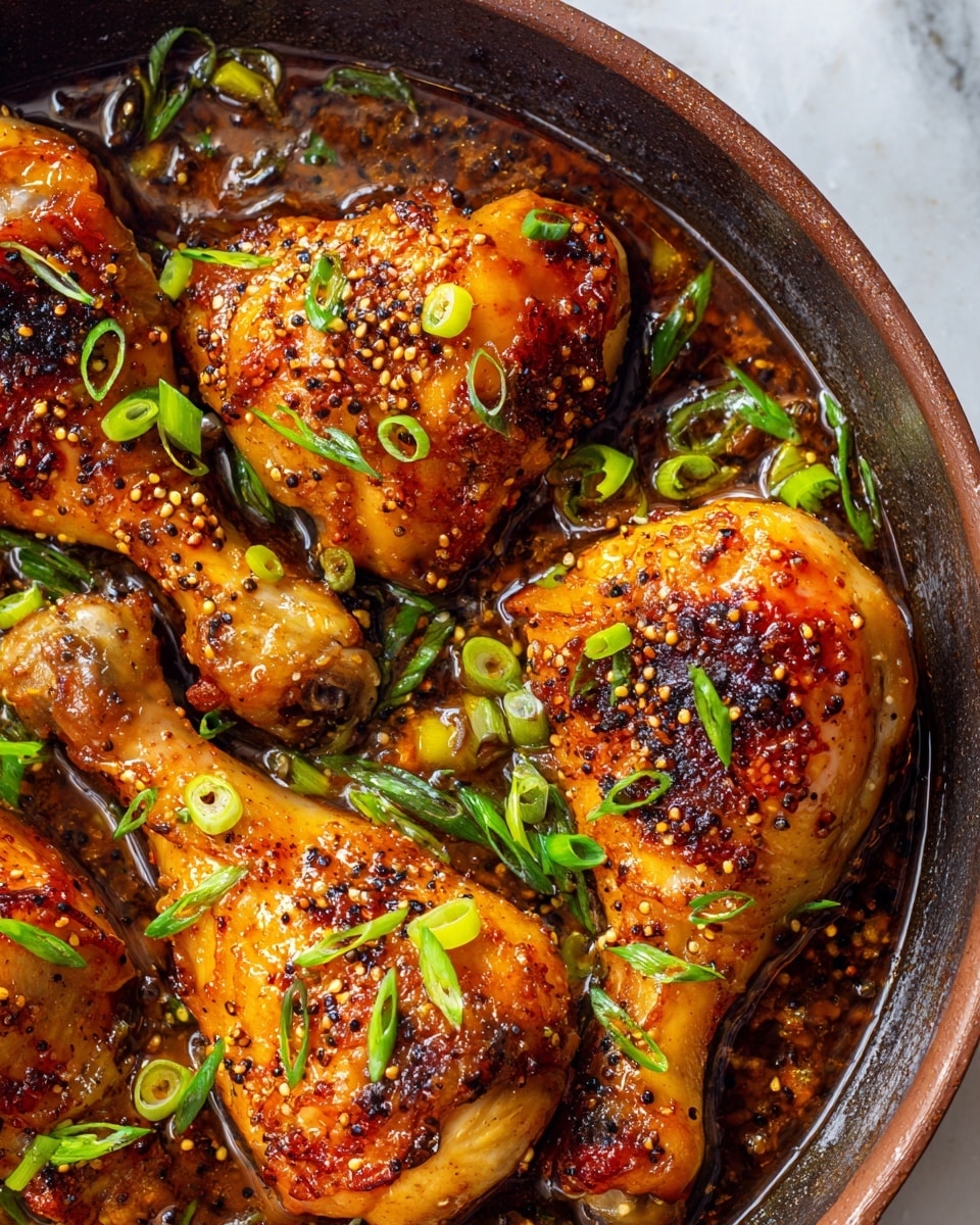 The image shows four cooked chicken legs in a close-up view, arranged in a slightly overlapping pattern inside a pan. The chicken skin is a golden brown color with a shiny glaze, speckled with whole brown mustard seeds. Bright green chopped scallions are scattered on top and around the chicken, adding a fresh contrast. The pan has a dark, rich brown sauce that looks thick and glossy, pooling around the chicken pieces. The background surface under the pan is a white marbled texture. photo taken with an iphone --ar 4:5 --v 7