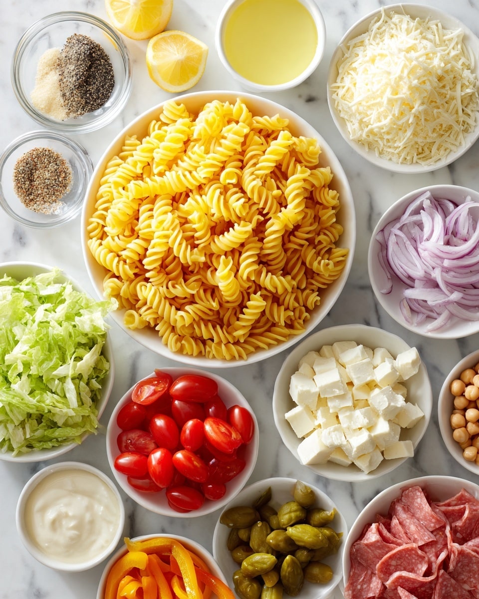 A large white bowl filled with yellow cooked rotini pasta sits in the center on a white marbled surface. Around it, there are smaller white bowls arranged in a circular pattern. Starting from the top and moving clockwise, there is a small white bowl with a light yellow liquid, a small white bowl with mixed dry spices in small piles (black seeds, white powder, and brown powder), a white bowl full of small white cheese cubes, a white bowl with halved bright red cherry tomatoes, a white bowl with thinly sliced light purple onions, a small white bowl with fine grated cheese, a white bowl with strips of pink deli meat, a bowl full of round light-brown chickpeas, a bowl of bright green shredded lettuce, a bowl with chopped light green and yellow pickles, a bowl with diced red bell peppers, a bowl with sliced roasted orange-red peppers, two lemon halves with yellow pulp are placed near the upper left side, and three small clear bowls with sauces (white creamy sauce, red sauce, and one empty) are placed near them. photo taken with an iphone --ar 4:5 --v 7