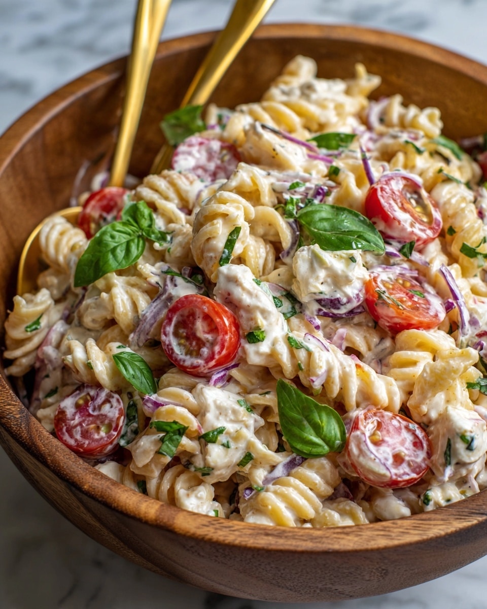 A close-up view of a wooden bowl filled with a creamy pasta salad featuring short twist pasta as the base layer, mixed with bright red cherry tomato halves and thin slices of purple onion scattered throughout. White dollops of soft cheese add creamy texture, while fresh bright green basil leaves are spread on top and mixed inside, with finely chopped green herbs visible throughout the dish. The salad has a light cream sauce coating, giving a slightly shiny look. Two gold serving spoons rest inside the bowl on a white marbled surface. photo taken with an iphone --ar 4:5 --v 7