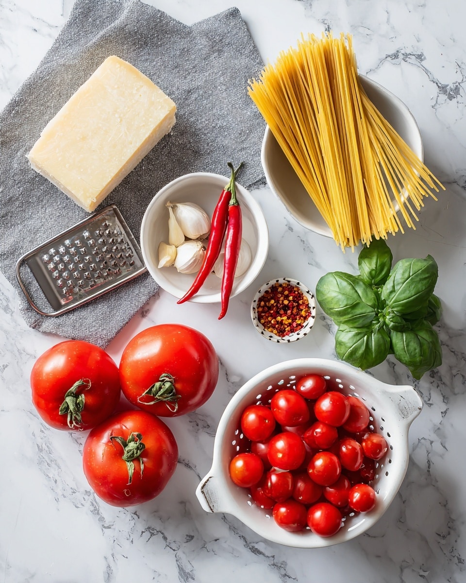 The image shows an overhead view of ingredients for cooking pasta on a white marbled surface. There is a white bowl with uncooked spaghetti noodles placed diagonally. Next to it is a white bowl holding garlic cloves and two red chili peppers. Below these, three red tomatoes are placed together, accompanied by fresh green basil leaves on the surface. A small white bowl holds red pepper flakes. To the left, a block of pale yellow cheese rests on a grey cloth with a metal grater on top. At the bottom right, a white colander filled with bright red grape tomatoes is visible. photo taken with an iphone --ar 4:5 --v 7
