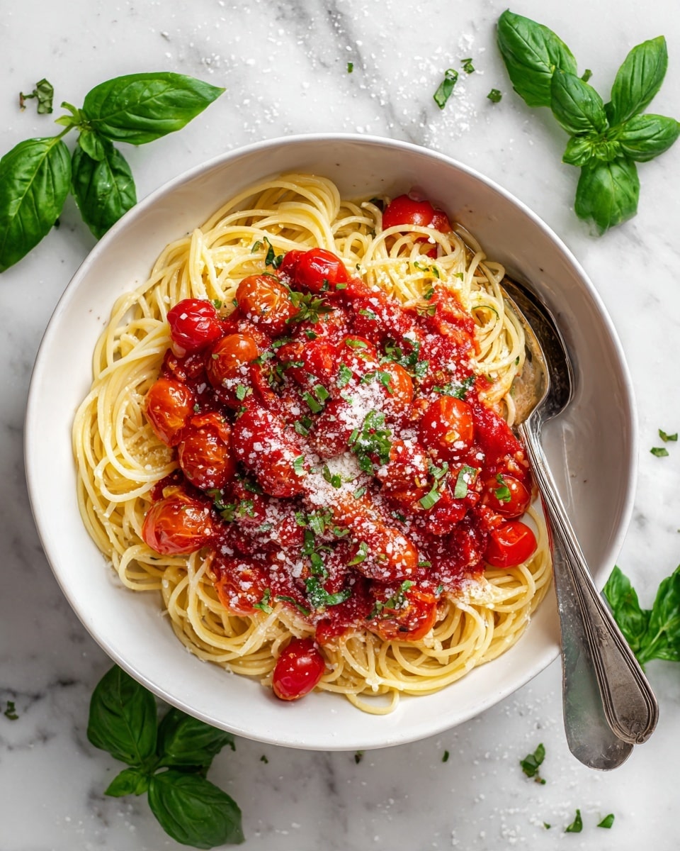 A white bowl filled with a base layer of light yellow spaghetti noodles arranged in loose swirls. On top is a thick layer of bright red tomato sauce mixed with whole and halved cherry tomatoes, garnished with small green parsley pieces and a light dusting of grated cheese. A silver fork and spoon rest on the right edge of the bowl. The bowl sits on a white marbled surface with scattered fresh green basil leaves nearby. Photo taken with an iphone --ar 4:5 --v 7