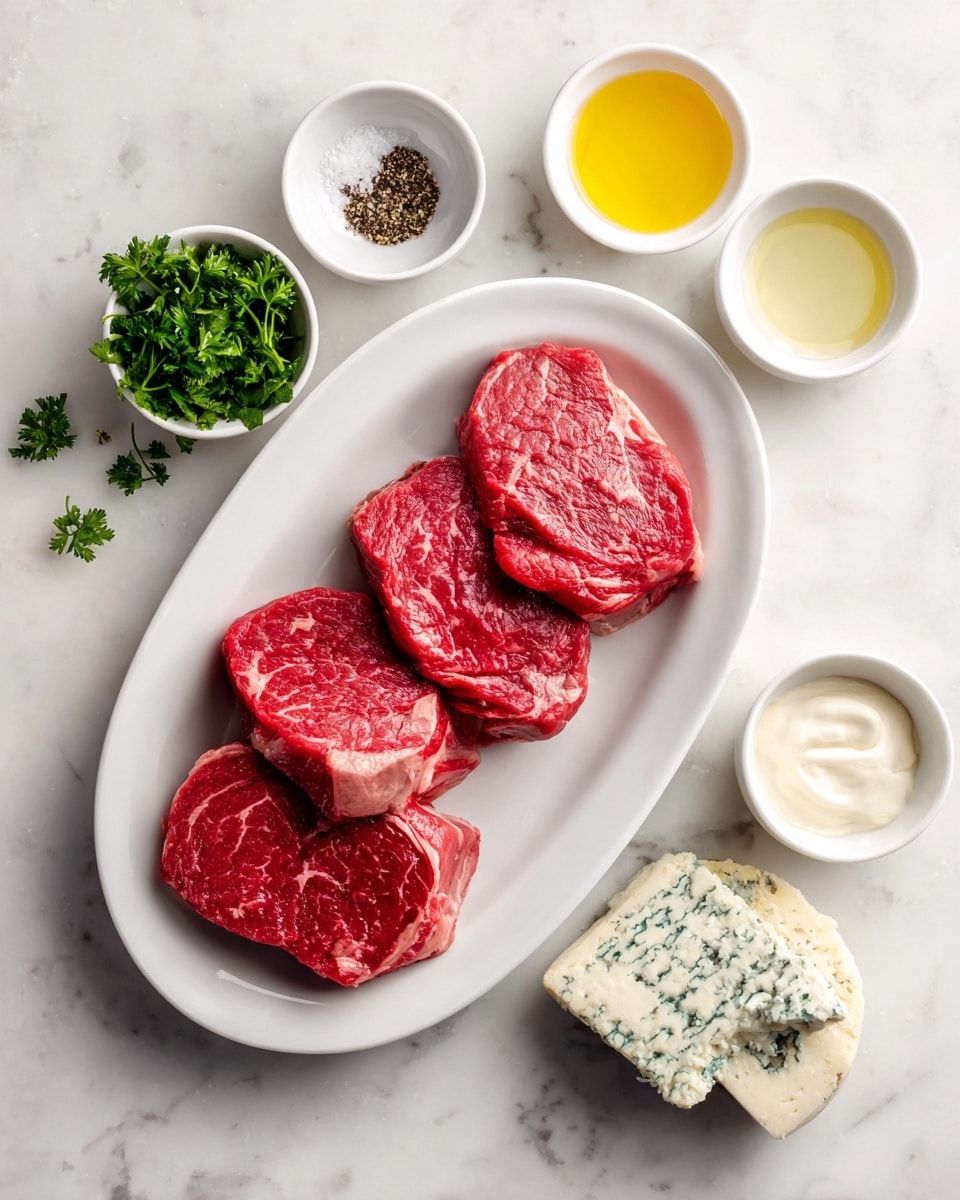 The image shows four raw red meat slices arranged on a white oval plate placed on a white marbled surface. Surrounding the plate are small white bowls with different ingredients: one with green fresh parsley, one with black pepper, one with salt, one with a light yellow oil, one with a clear liquid, one with white thick cream, and one with a wedge of blue cheese with white and blue mold texture. The ingredients are neatly spaced symmetrically around the plate, creating a clean and organized presentation. Photo taken with an iphone --ar 4:5 --v 7