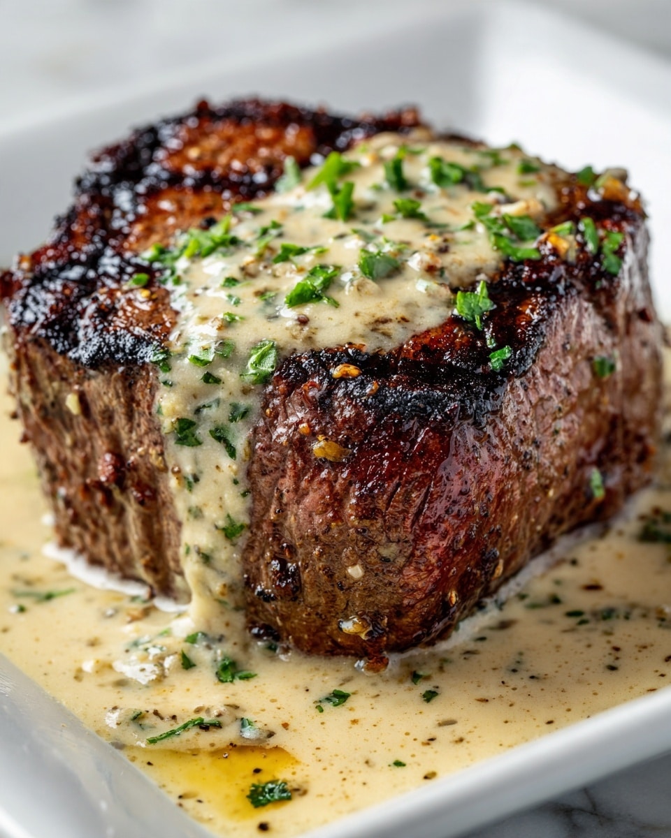 A thick, juicy steak with dark grill marks sits in the center of a white square plate on a white marbled surface. The steak is covered with a creamy, light-colored sauce that has small green herbs spread evenly on top and around the sides, creating a rich texture. The sauce pools slightly at the bottom edge of the steak, adding a glossy look to the dish. Photo taken with an iphone --ar 4:5 --v 7