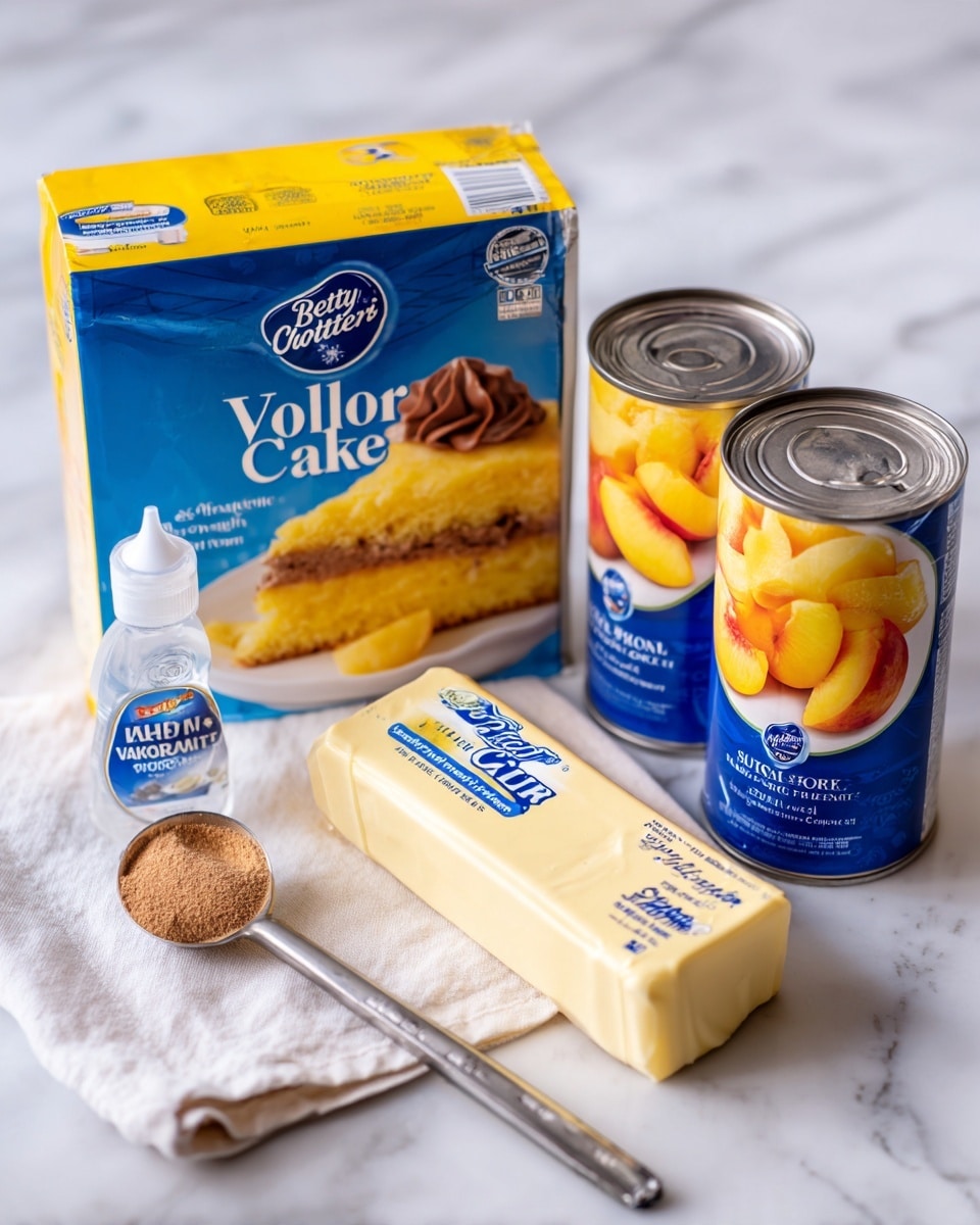The image shows ingredients for baking a yellow cake arranged on a white marbled surface. At the center is a box of Betty Crocker Super Moist Yellow Cake Mix with a picture of a yellow cake slice with chocolate frosting. To the right of the box are two cans of yellow cling sliced peaches with blue labels showing peach slices on a white plate. Behind the cake mix box is a small bottle of imitation vanilla flavor with a blue label. In front of the cake mix box is a stick of Grade AA butter wrapped in pale yellow paper with blue text. On the left side is a metal measuring spoon filled with cinnamon powder labeled as 1/2 teaspoon. A white cloth is partly visible under the cans. The photo taken with an iphone --ar 4:5 --v 7