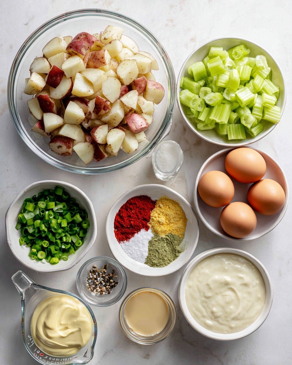 A top view of several white bowls and a clear glass bowl on a white marbled surface. The clear bowl holds many pieces of small red and white potatoes cut into chunks. To the right, a white bowl is filled with sliced celery in bright green color. Below that, another white bowl displays different colored spices neatly arranged in six sections including red, green, and yellow powders. Below the spice bowl, a white bowl contains six brown eggs. To the left of the eggs, a white bowl holds chopped green onions. A small clear bowl with salt and pepper is below the green onions. At the bottom left, a clear glass measuring cup contains a creamy white substance. Next to it, there's a small white bowl with yellow mustard. Beside the mustard, a small white bowl has a white creamy sauce, and to its right, a small white bowl contains a light brown liquid. The arrangement is clean and bright, photo taken with an iphone --ar 4:5 --v 7