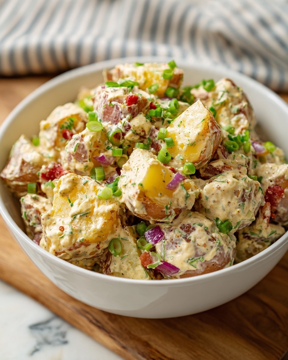 The image shows a white bowl full of creamy potato salad. The dish has several layers: at the bottom, there are chunks of cooked potatoes with a light golden-brown skin. These potato pieces are mixed with small bits of red onion and finely chopped green onions sprinkled on top for color. The salad is covered in a thick, beige dressing with visible specks of herbs and spices, giving it a rich texture. The bowl sits on a wooden surface with a white marbled texture visible around it, and a striped cloth is blurred in the background. photo taken with an iphone --ar 4:5 --v 7