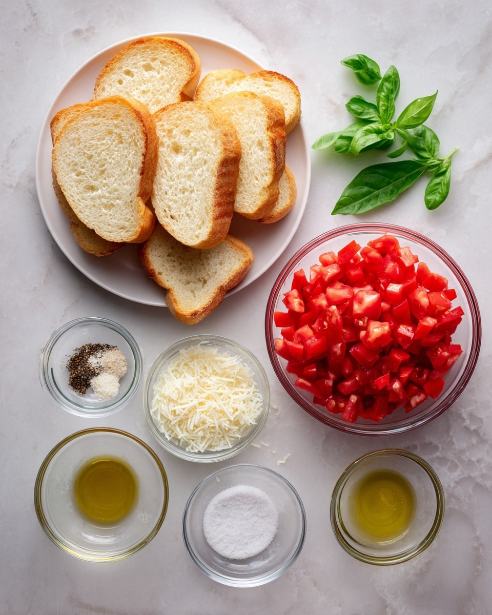 square image The image shows ingredients for a bruschetta recipe arranged neatly on a white marbled surface. On the left side, there is a white plate stacked with nine slices of toasted bread, each showing a light golden crust and soft inside. To the right, a clear glass bowl is filled with diced red tomatoes, bright and juicy. Surrounding the bowl are six small clear glass bowls containing minced garlic, grated cheese, olive oil, salt, vinegar, and ground black pepper. Fresh green basil leaves rest next to the bowls, adding a pop of vibrant color. The overall scene is clean and well-organized, with natural light highlighting the textures and colors of the ingredients. photo taken with an iphone --ar 4:5 --v 7