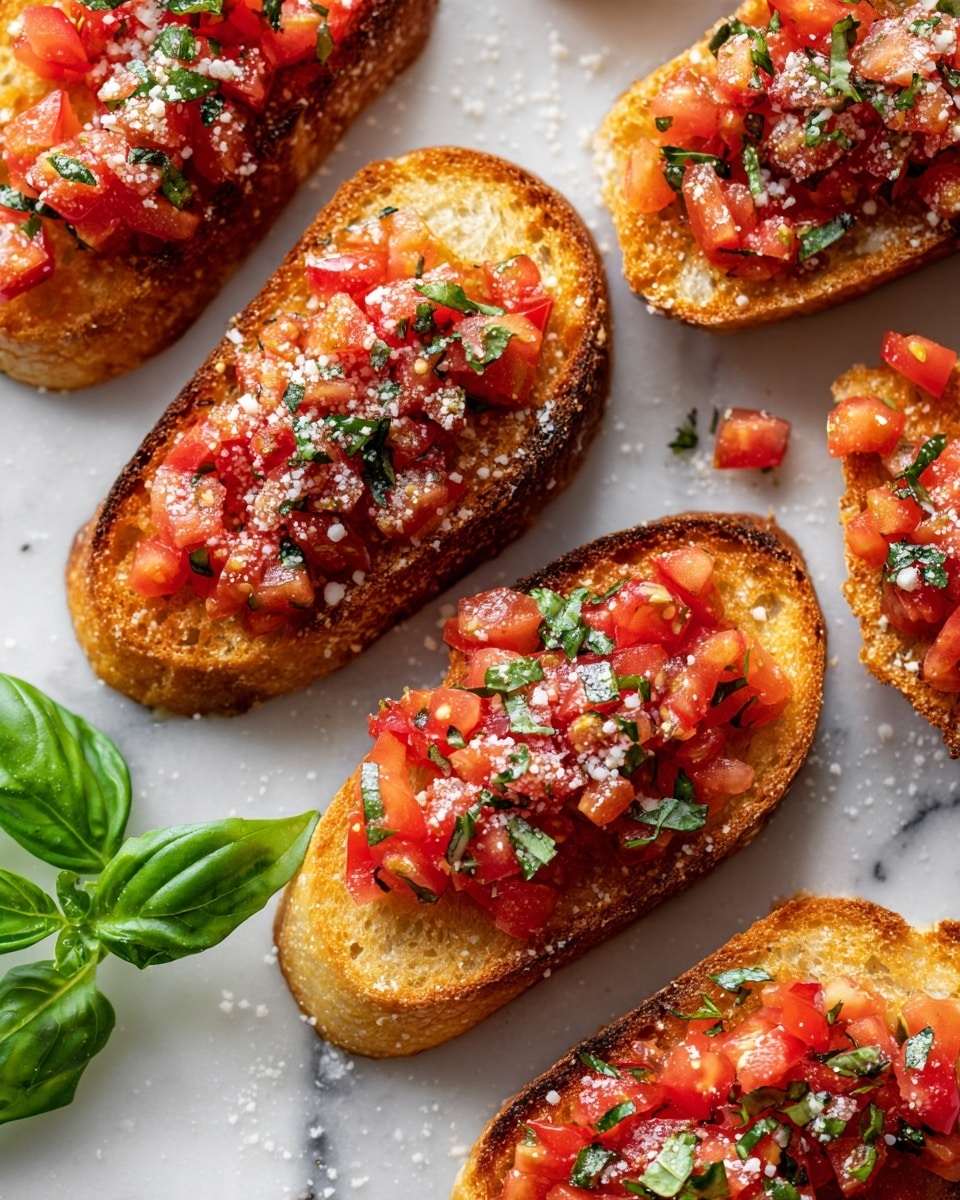 square image The image shows several slices of toasted bread laid out on a white marbled surface. Each toast has a golden-brown color and a slightly crispy texture. On top of the toast, there is a layer of finely chopped bright red tomatoes mixed with small pieces of green basil scattered evenly. A light sprinkling of finely grated white cheese is spread over the tomato and basil, adding a soft texture just above the fresh toppings. The toasts are arranged in a slightly scattered way, with a fresh green basil leaf placed on the surface nearby for decoration. Photo taken with an iphone --ar 4:5 --v 7