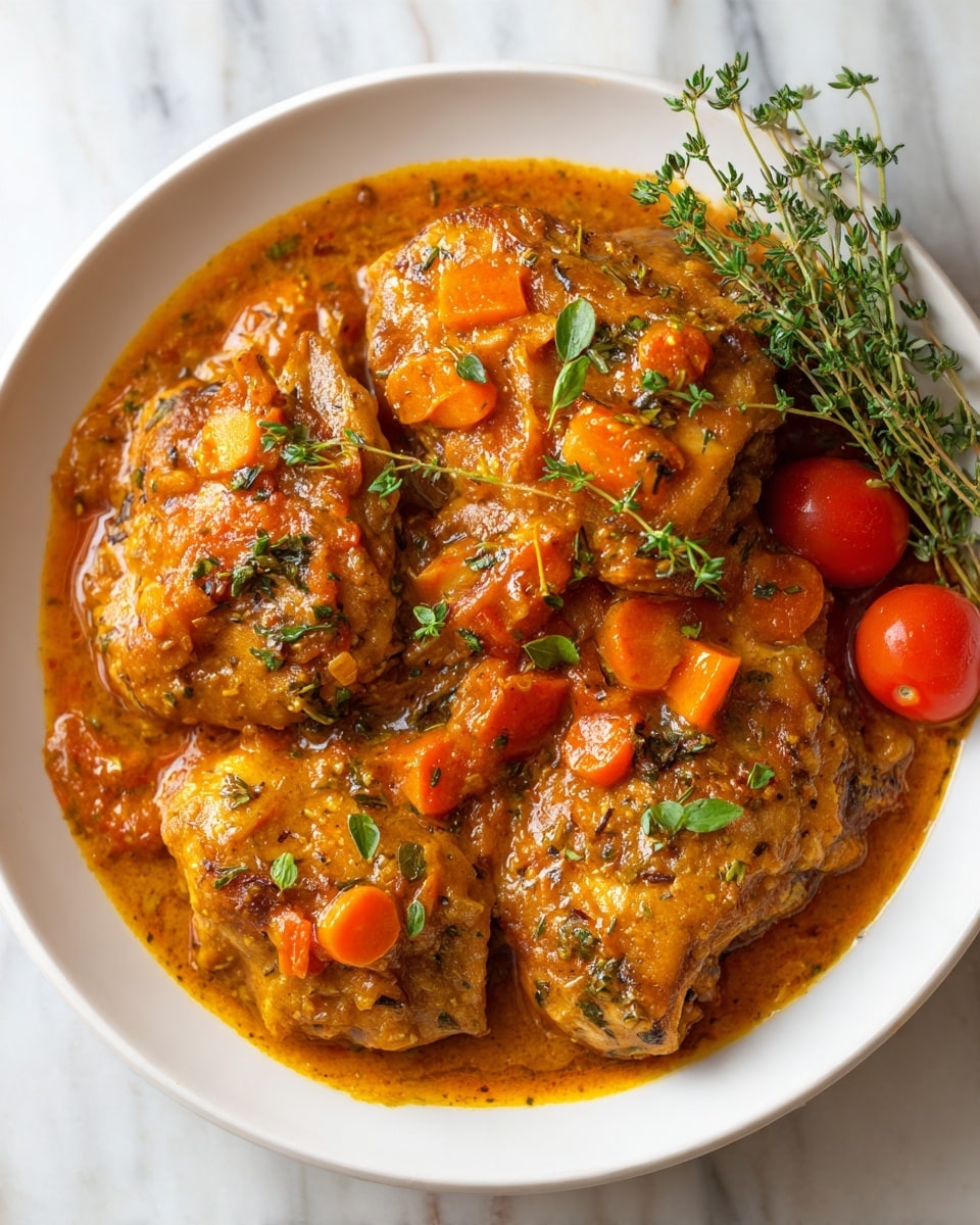 A round white bowl filled with several pieces of cooked chicken covered in a rich, orange-brown sauce with visible chunks of carrots and herbs. Some fresh green herbs are placed on top and around the chicken for garnish. A small bunch of thyme is placed on one side of the bowl near the edge. A few whole cherry tomatoes are visible near the bottom right. The texture of the chicken looks soft and tender, soaking in the sauce. The background surface is white marble. Photo taken with an iphone --ar 4:5 --v 7