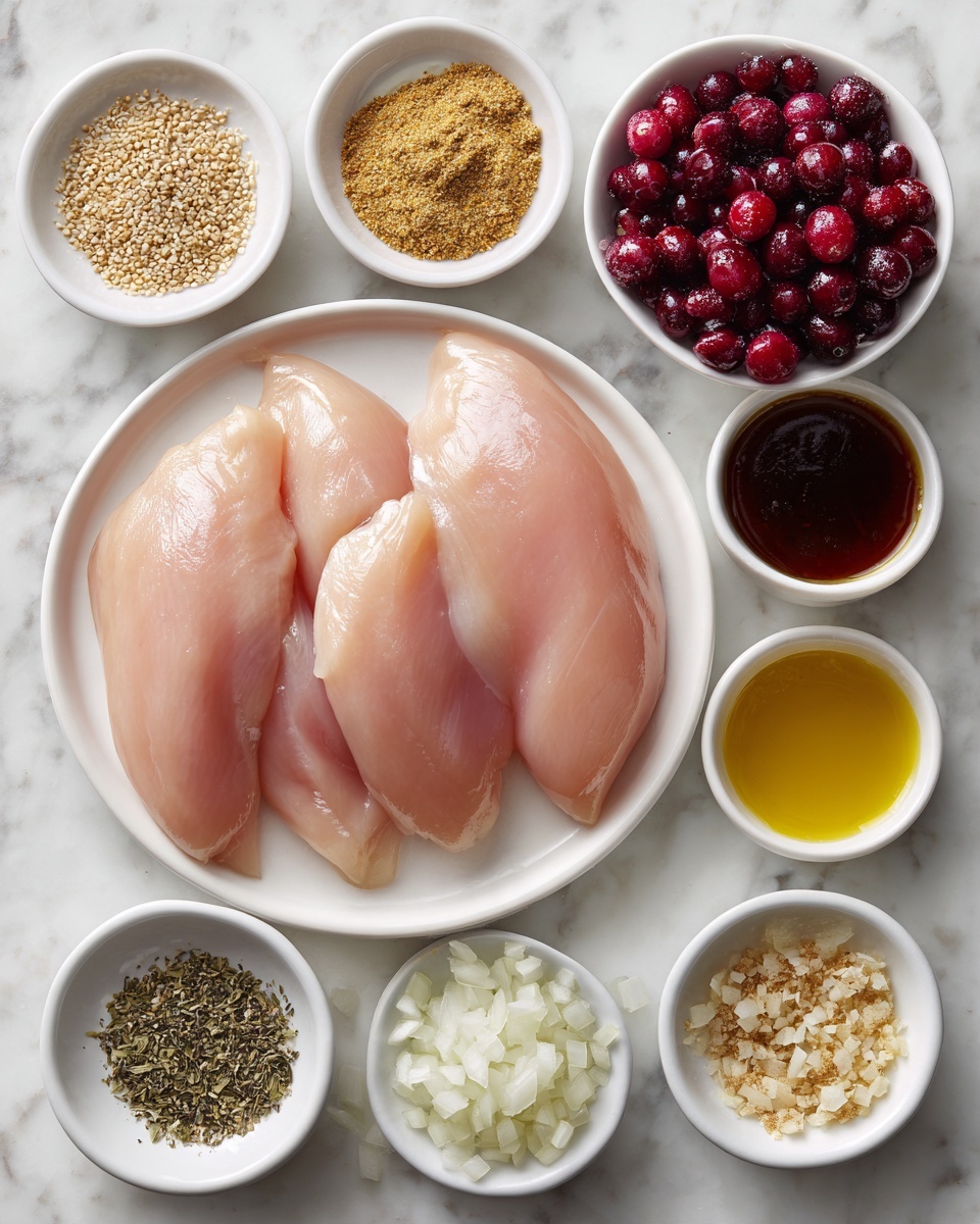 Cranberry Orange Chicken Sandwich Recipe 3 The image shows a white plate in the center with four raw chicken fillets placed side by side, each having a smooth and pale pink texture. Around the plate, there are small white bowls containing various ingredients: light brown mustard powder, sesame seeds, minced garlic, black pepper powder, a dark brown thick sauce, red cranberries piled high in the center bowl, white granulated sugar, dried herbs, honey, light golden olive oil, light brown powder, and finely chopped white onions. The items are arranged neatly on a white marbled surface. The photo taken with an iphone --ar 4:5 --v 7