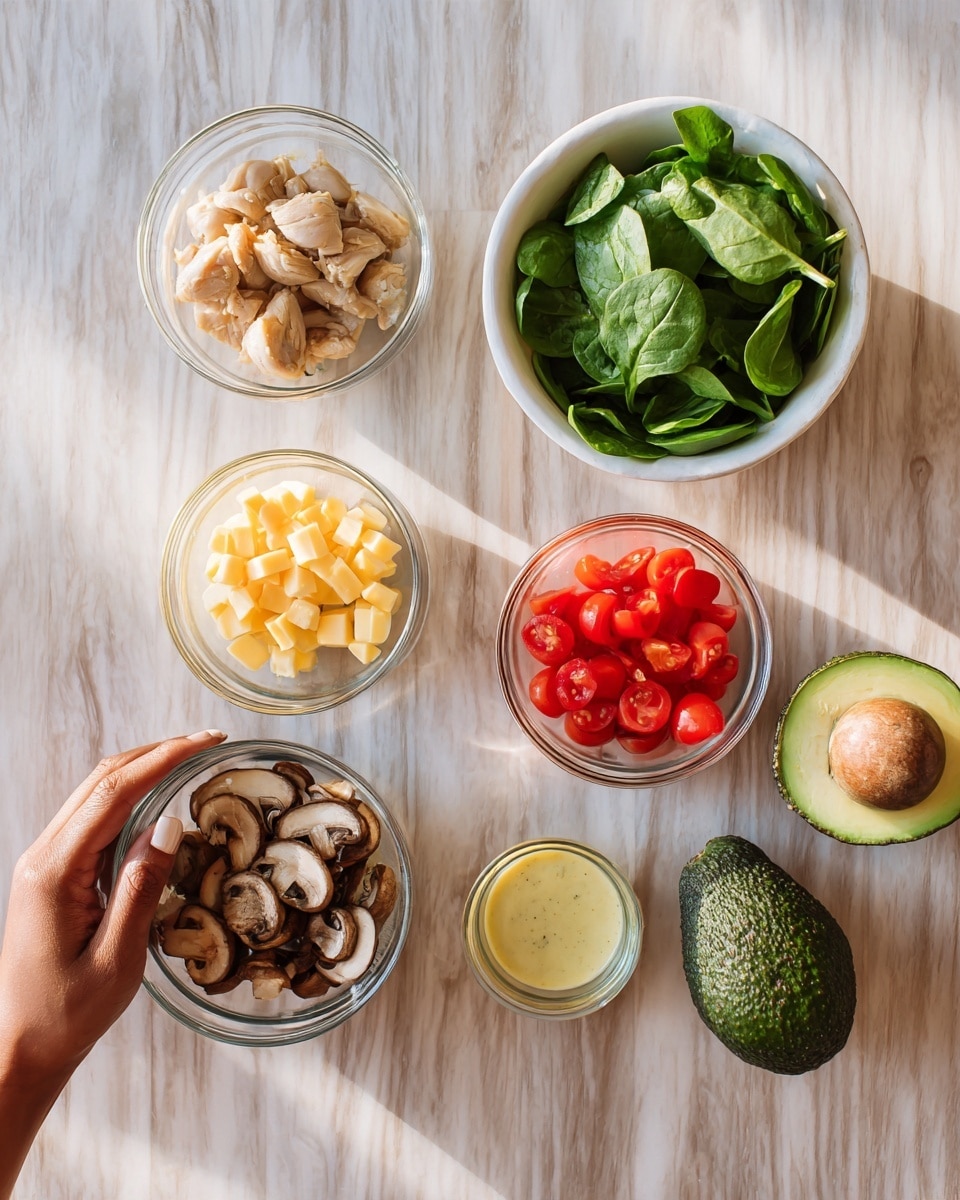 The image shows six small clear glass bowls and one avocado arranged on a light wood surface with a white marbled texture. The top left glass bowl contains small pieces of cooked chicken that are white and slightly brown on the edges. To the right is a white bowl filled with fresh green spinach leaves, with a woman's hand holding the cup handle. Below the chicken bowl is a glass bowl filled with sliced brown mushrooms. In the middle is a clear glass bowl with small yellow cubes of cheese. Next to it, on the right, there is a glass bowl filled with small pieces of red tomato. Below the cheese and tomatoes, there is a peeled whole dark green avocado, and next to it, a clear small glass bowl with thick pale yellow dressing or sauce. The setup is clean and simple. photo taken with an iphone --ar 4:5 --v 7