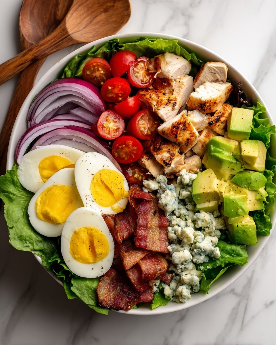 A white bowl with a fresh salad laid out in neat rows on a bed of green leafy lettuce. Starting from the left, there are slices of purple-red onion, followed by quarters of hard-boiled eggs with bright yellow yolks, next to red cherry tomatoes cut in halves. Then, grilled white meat chicken pieces and crispy brown bacon strips are arranged side by side. On the right side of the bowl, there are green avocado chunks with blue cheese crumbs finishing the last layer. The bowl sits on a white marbled surface with a wooden salad spoon visible in the background. photo taken with an iphone --ar 4:5 --v 7