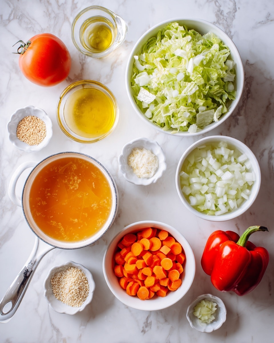 The image shows a top view of several small white bowls and a pot arranged on a white marbled surface. The largest bowl contains light green lettuce leaves torn into pieces, placed at the top right. Below it, a small white bowl holds diced white onions. To the left, another small white bowl contains round orange carrot slices. Next to that, a small bowl has light green celery pieces. A red bell pepper sits near the center bottom. A white pot on the left side holds orange-colored broth with a metal handle. There are also three small glass containers: one with light yellow oil, one with beige sesame seeds, and the third with a pale yellow liquid, possibly vinegar. A whole tomato is placed near the top left. The scene is bright and clean, with a focus on fresh ingredients. photo taken with an iphone --ar 4:5 --v 7