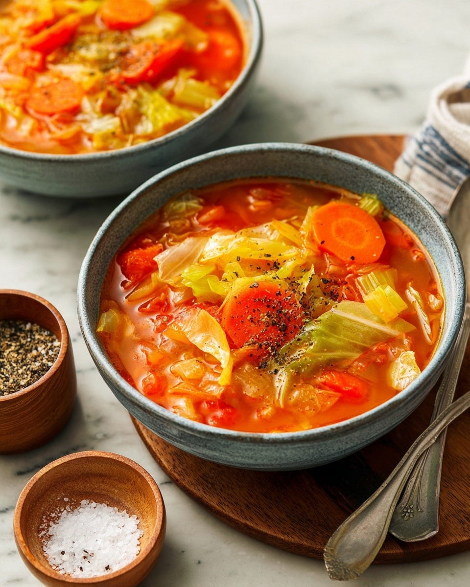A close-up view of two blue-gray bowls filled with bright orange tomato-based soup containing visible chunks of cooked cabbage, carrots, celery, and black pepper sprinkled on top. One bowl is fully visible resting on a wooden board placed on a white marbled surface, while the other bowl is partially seen on the left edge. Next to the board are two small round wooden containers, one filled with coarse salt and the other with ground black pepper, with some pepper spilled around the container. The scene is well-lit, showing the warm and fresh textures of the soup and ingredients. photo taken with an iphone --ar 4:5 --v 7