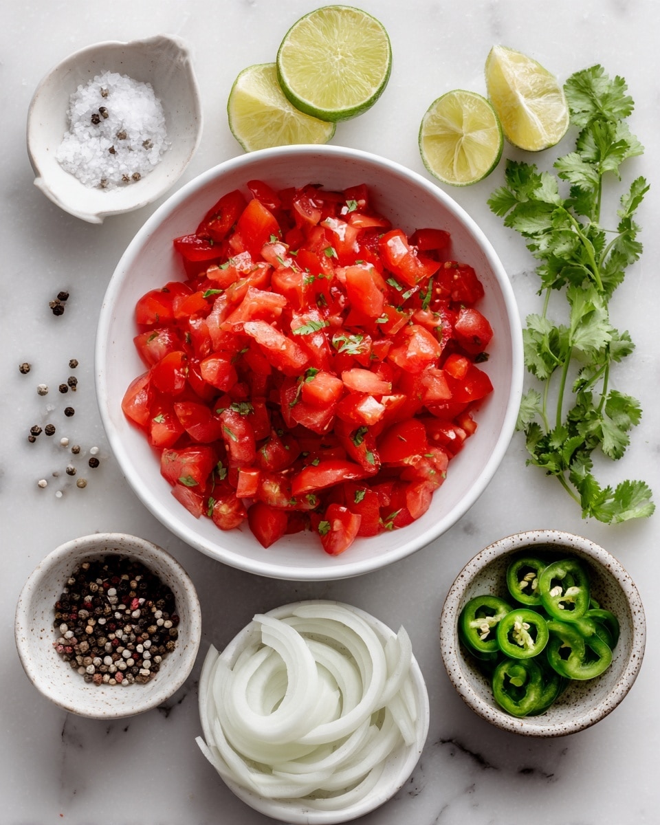 A white bowl filled with finely chopped bright red tomatoes sits at the center on a white marbled surface. Surrounding it are six small white bowls arranged in a loose circle: one contains thinly sliced white onions with a slightly shiny texture, another holds chopped green cilantro with a leafy look, a smaller bowl has thinly sliced green jalapeños, and another holds coarse white salt mixed with black pepper seeds. There is also a small ceramic bowl full of black and white peppercorns and two half lime pieces with a pale green inside placed near the top. A white bowl with a citrus juicer, stained with fresh lime juice, is positioned at the lower left corner. Photo taken with an iphone --ar 4:5 --v 7