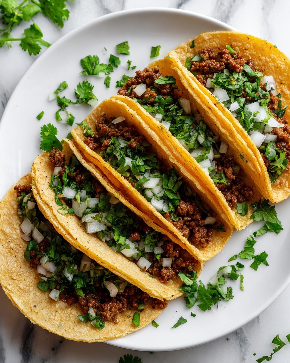 The image shows four tacos arranged in a neat row on a white plate. Each taco has a soft, light brown tortilla as the base layer. The filling layer consists of small pieces of cooked brown meat with a slightly rough texture. On top of the meat, there is a layer of chopped white onions and green cilantro leaves scattered evenly. Around the plate, a few extra cilantro leaves and onion pieces are spread on a white marbled surface. The photo taken with an iphone --ar 4:5 --v 7