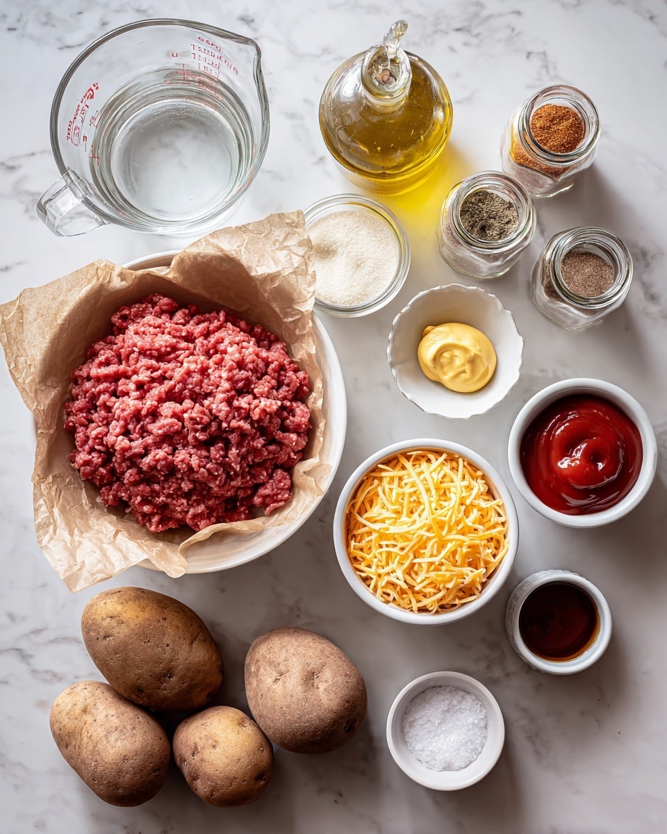 The image shows ingredients for a recipe laid out on a white marbled surface. There is a white bowl lined with brown parchment paper filled with raw ground meat in the bottom left corner. Four whole brown potatoes are scattered to the right. Toward the top left, a clear glass measuring cup contains water, and a glass bottle with light yellow oil stands behind it. Three small glass jars labeled garlic powder, paprika, and onion powder are near the top right, with the garlic powder jar lying on its side. A small white ramekin holds a dollop of yellow mustard next to a 1/4 cup measuring cup filled with shredded orange-yellow cheese. A 1/4 cup measuring cup with red ketchup is near the center, and a small white container with salt is at the bottom center. A small dark container of a thick brown liquid is beside the salt. Everything is arranged neatly with clear spacing. photo taken with an iphone --ar 4:5 --v 7