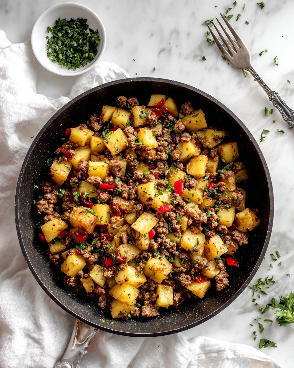 The image shows a black pan filled with cooked ground meat mixed with small golden yellow potato cubes and bits of red pepper. The dish is sprinkled with chopped green herbs all over, adding bright green spots among the meat and potatoes. The pan is placed on a white marbled surface, with a white cloth and some green herb pieces scattered nearby. A silver fork is partially visible in the top right corner, and a small white bowl with green chopped herbs sits in the top left corner. The colors of the dish are warm and earthy, with clear texture differences between the crumbly meat, soft potatoes, and fresh herbs. Photo taken with an iphone --ar 4:5 --v 7