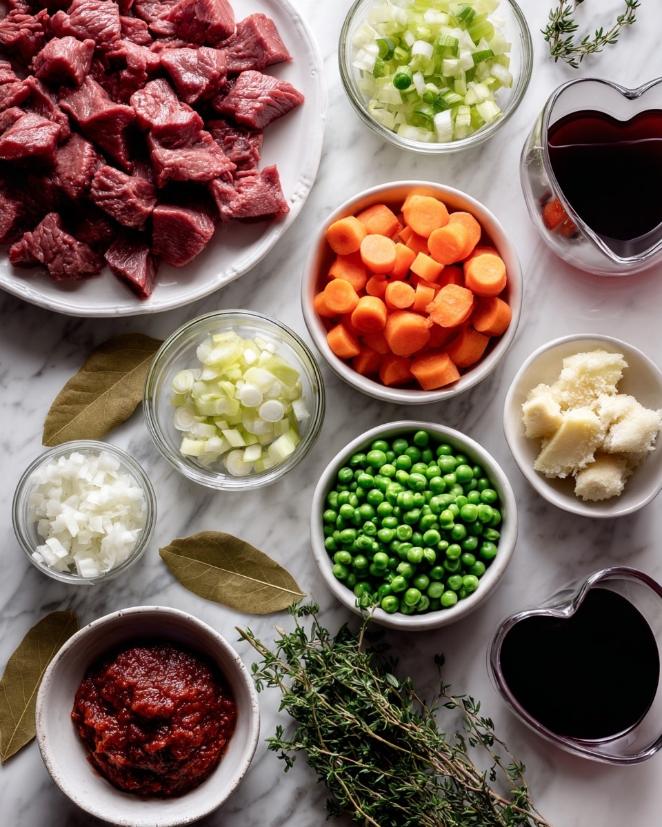 The image shows several small white bowls and plates arranged neatly on a white marbled surface. In the center left, a white plate holds chunks of raw red meat. Nearby, there is a white bowl filled with sliced light orange carrots and another with bright green peas. A small white bowl contains chopped white onions, another has diced green celery, and a third features sliced pale yellow ginger. A clear container holds minced white garlic. There is a heart-shaped glass filled with dark red wine, a small bowl with a thick red paste, and a white container of beef broth. Fresh green herbs including leafy parsley and thyme sprigs lie near the bottom right corner. Two dried bay leaves rest near the center among the ingredients. The image is well lit, showing all the details clearly, photo taken with an iphone --ar 4:5 --v 7