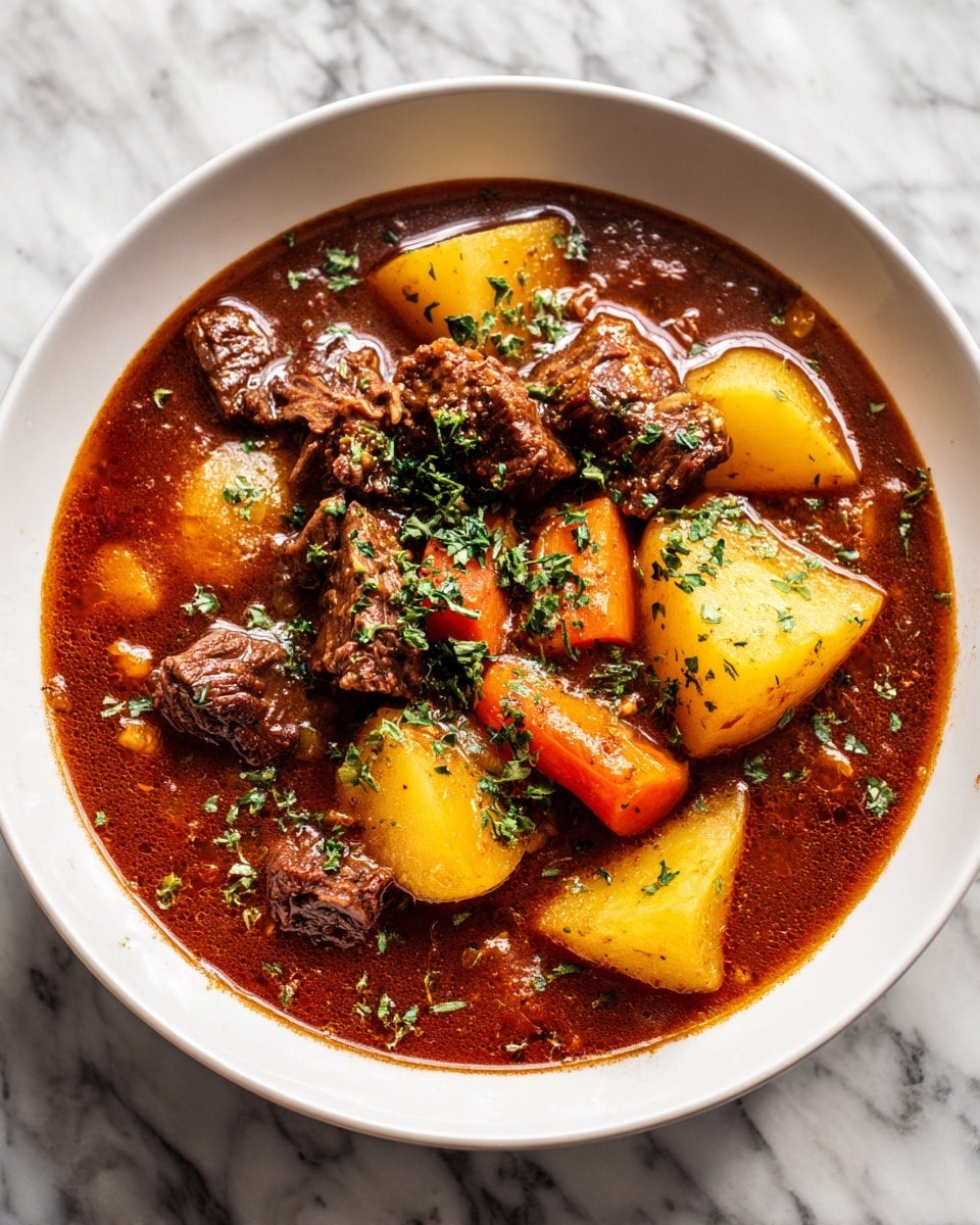 The image shows a white bowl filled with a hearty stew placed on a white marbled surface. The stew has three visible layers: the bottom layer is a rich, dark reddish-brown broth with a thick texture, scattered with small bits of orange carrots. The middle layer has tender chunks of dark brown meat sitting on the broth, surrounded by small green herb bits sprinkled on top. The top layer consists of large, soft yellowish potato pieces that look slightly shiny from the broth. The overall look is warm and comforting. Photo taken with an iphone --ar 4:5 --v 7