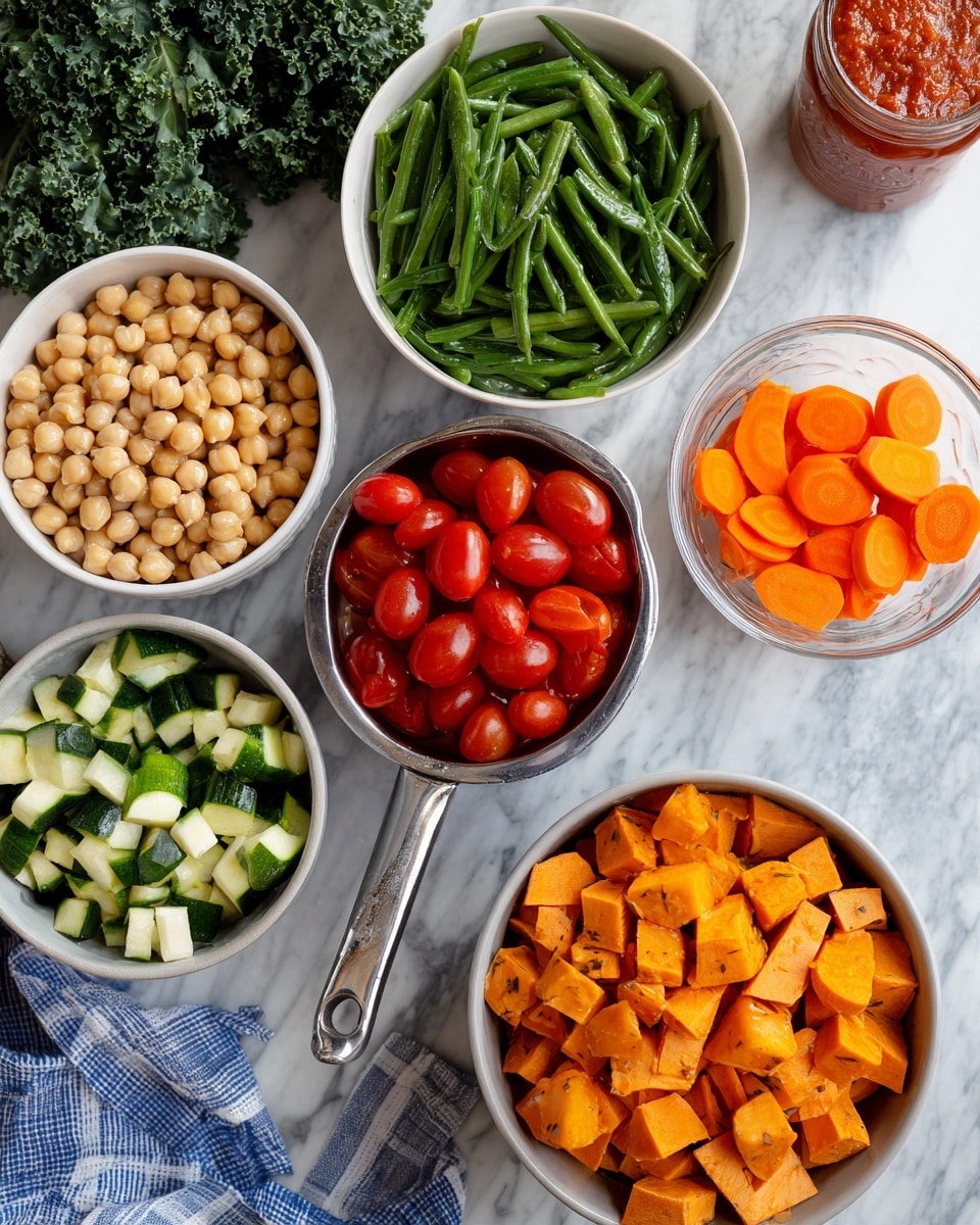 The image shows seven containers with different fresh vegetables and ingredients on a white marbled surface. At the top center, a white bowl holds chopped green beans, with their vibrant green color and crisp texture. To the left, a white bowl is filled with light beige chickpeas, smooth and round. Below that, a metal measuring cup contains bright red cherry tomatoes, some whole and some halved, showing their juicy inside. In the middle, a small clear glass bowl holds round orange carrot slices. To the right of the carrot bowl, a white bowl is filled with green and white diced zucchini cubes. At the bottom, a large white bowl is full of bright orange sweet potato cubes with some skin visible. On the left side, dark green torn kale leaves add contrast. A blue and white checked cloth napkin is partly visible on the right side. A red can with a textured sauce inside sits in the upper right corner. photo taken with an iphone --ar 4:5 --v 7