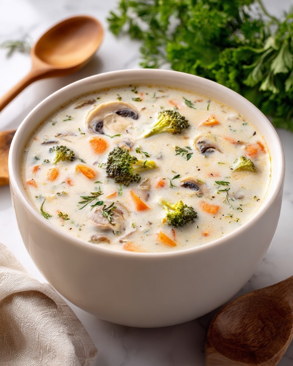 A white bowl filled with creamy white soup containing small pieces of orange carrots, green broccoli florets, and sliced white mushrooms. The soup has a smooth texture with visible vegetables spread evenly throughout. The bowl sits on a white marbled surface with two wooden spoons laying nearby and some green parsley leaves in the background. The photo taken with an iphone --ar 4:5 --v 7