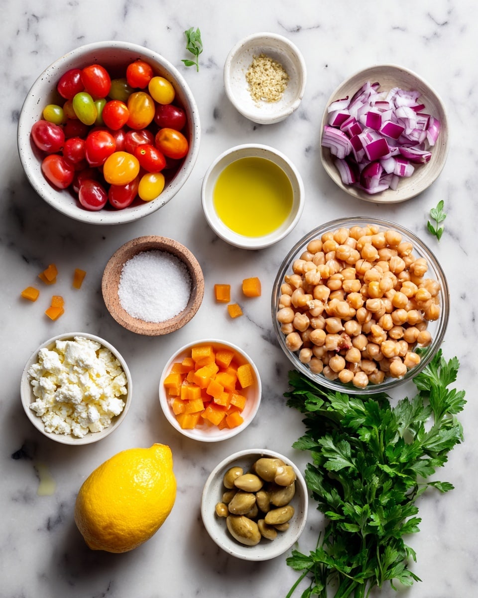 A top-down view of several ingredients arranged on a white marbled surface: a small white bowl with cherry tomatoes, a small white bowl with sea salt, a small white bowl with olive oil, a small white bowl with honey, a small white bowl with crumbled white cheese, a small white bowl with small diced orange pieces, two whole chickpeas pods, a whole lemon, a whole purple onion, a bunch of fresh green parsley, and a larger clear glass bowl filled with cooked beige chickpeas. The colors range from bright red, green, yellow, orange, purple, white, beige, and clear glass shine. photo taken with an iphone --ar 4:5 --v 7