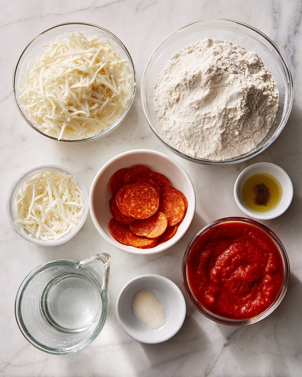The image shows several clear glass bowls arranged on a white marbled surface. There is one large bowl filled with white flour on the right side and a medium bowl filled with bright red tomato sauce on the left side. A small bowl with thin, orange slices of pepperoni is placed near the middle, along with another small bowl containing liquid oil and two tiny bowls holding salt and a light-colored powder, possibly yeast. To the left, there is a bowl filled with shredded white cheese. The bowls are neatly spread out with water in a clear measuring cup in front of them. photo taken with an iphone --ar 4:5 --v 7
