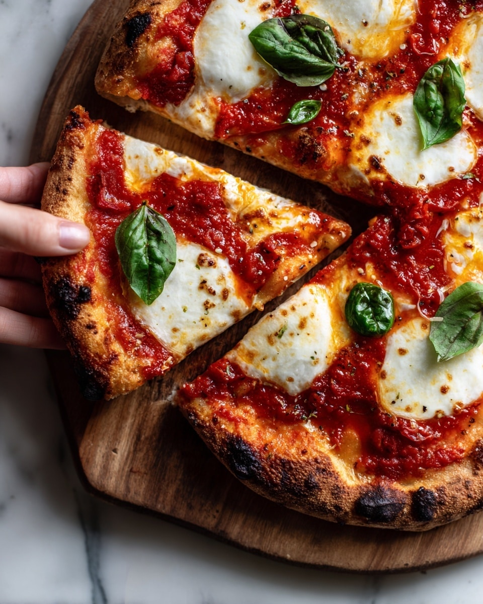 A close-up of a pizza on a wooden board over a white marbled surface, showing one layer of slightly charred, golden brown crust with small black spots. On top of the crust is a layer of bright red tomato sauce spread unevenly. There are several blobs of melted white mozzarella cheese scattered across the tomato sauce, some with smooth and slightly bubbly texture. Fresh green basil leaves are placed on top of the cheese, slightly wrinkled and glossy. In the top right corner, a woman's hand is gently holding the edge of the pizza. Photo taken with an iphone --ar 4:5 --v 7