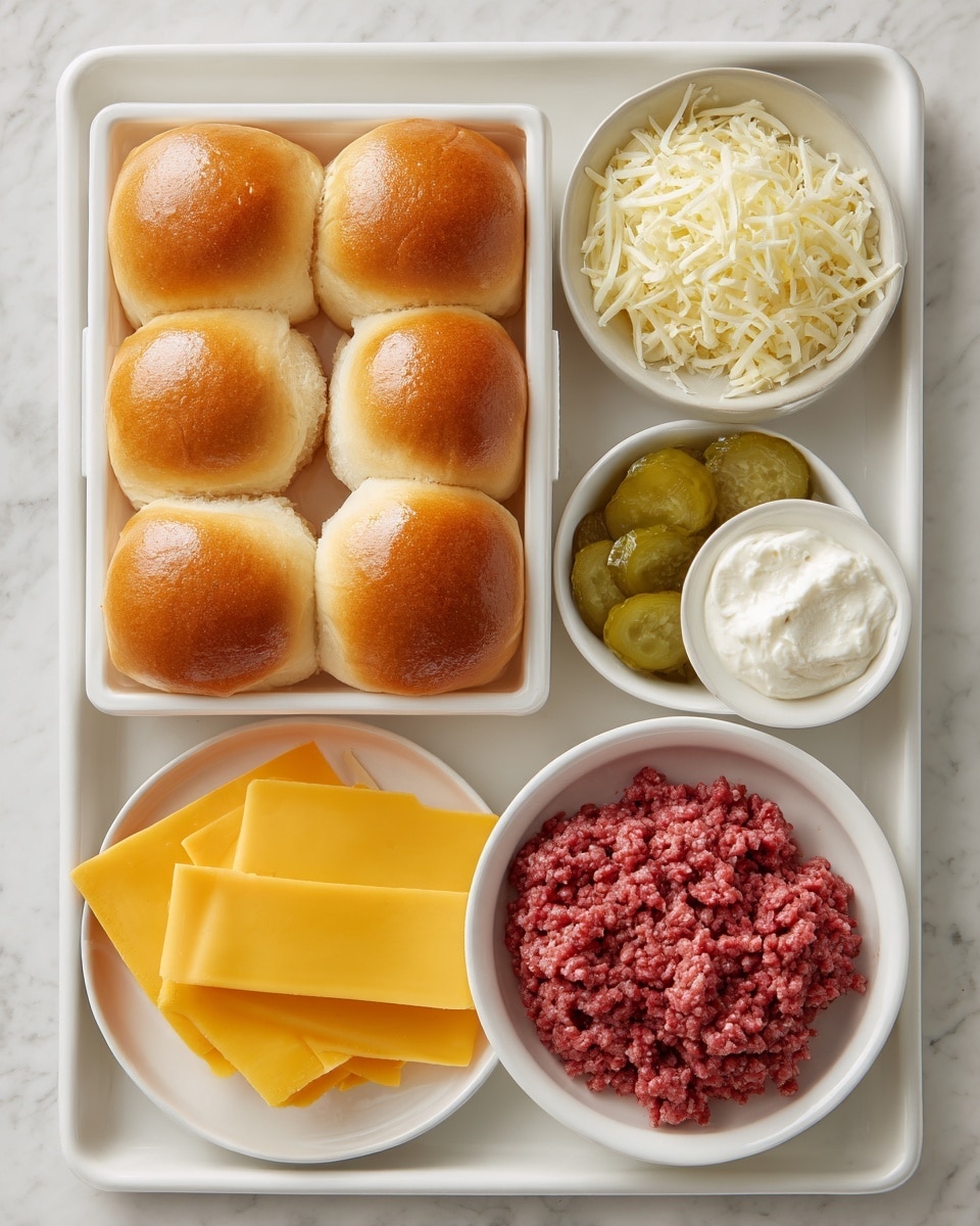 The image shows a white tray holding various ingredients for making sandwiches. In the top left section, there is a container filled with soft, golden brown sandwich rolls arranged in three rows. To the right of the rolls, there is a small white bowl with shredded light yellow cheese and another small white bowl with a dollop of white spread, likely a creamy sauce. Below, there is a small white dish with green pickle slices, slightly shiny and textured. In the bottom center, a larger white bowl contains raw ground meat, deep red with a coarse texture. Next to it, in the bottom left corner of the tray, are three slices of bright yellow cheese, stacked neatly. All items rest on a white marbled surface. Photo taken with an iphone --ar 4:5 --v 7