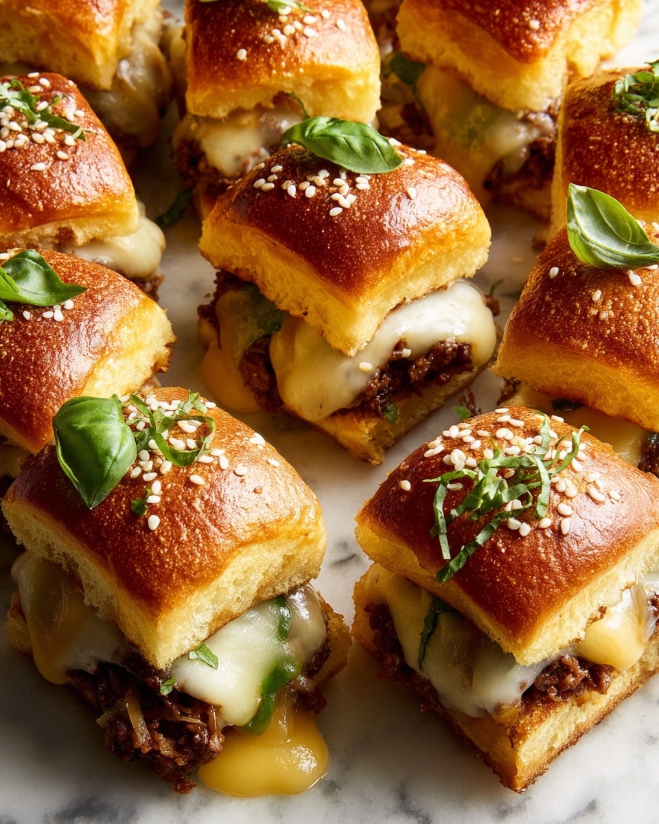 The image shows a cluster of soft, golden-brown slider buns topped with white sesame seeds and green herbs, arranged closely together on a white marbled surface. Each bun is filled with layers of melted light yellow cheese dripping down the sides, seasoned cooked ground meat with a dark, rich brown color, and thin slices of bright green pickled peppers scattered inside. Fresh green basil leaves are placed on top of some buns as garnish. The edges of the buns show some oozing creamy beige sauce mixed with cheese, creating a rich, textured look. Photo taken with an iphone --ar 4:5 --v 7