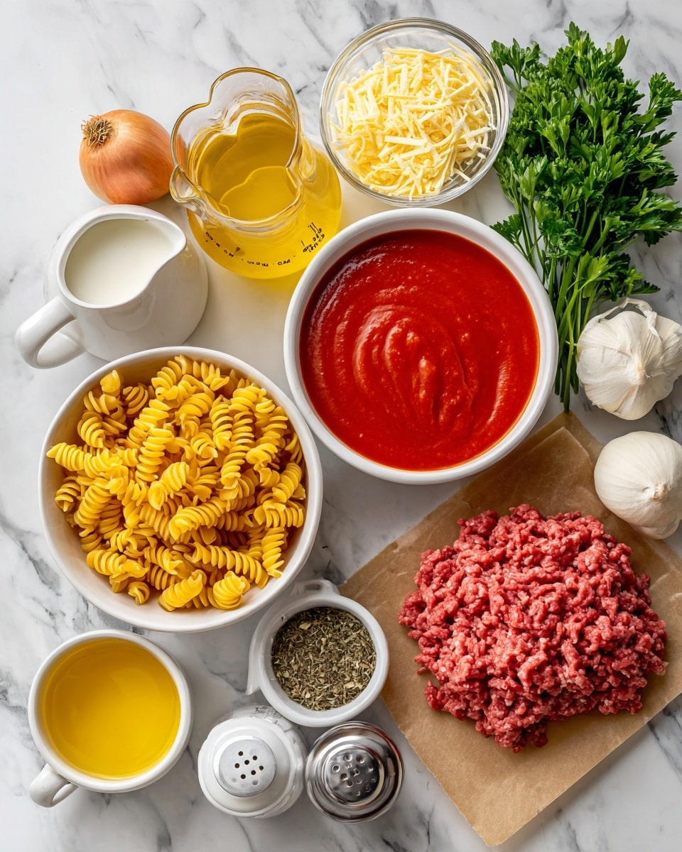A top view of many ingredients placed on a white marbled surface: a white bowl full of bright red tomato sauce with a smooth texture, a white bowl filled with yellow uncooked spiral pasta, a small white bowl with green and brown mixed dried herbs, a glass measuring cup with yellow chicken broth, a small glass bowl holding shredded pale yellow cheese, a white pitcher with white creamy liquid, a small white bowl with golden yellow olive oil, a head of white garlic, two whole yellow onions, raw red ground meat on brown parchment paper, salt and pepper shakers, and fresh green parsley. Photo taken with an iphone --ar 4:5 --v 7