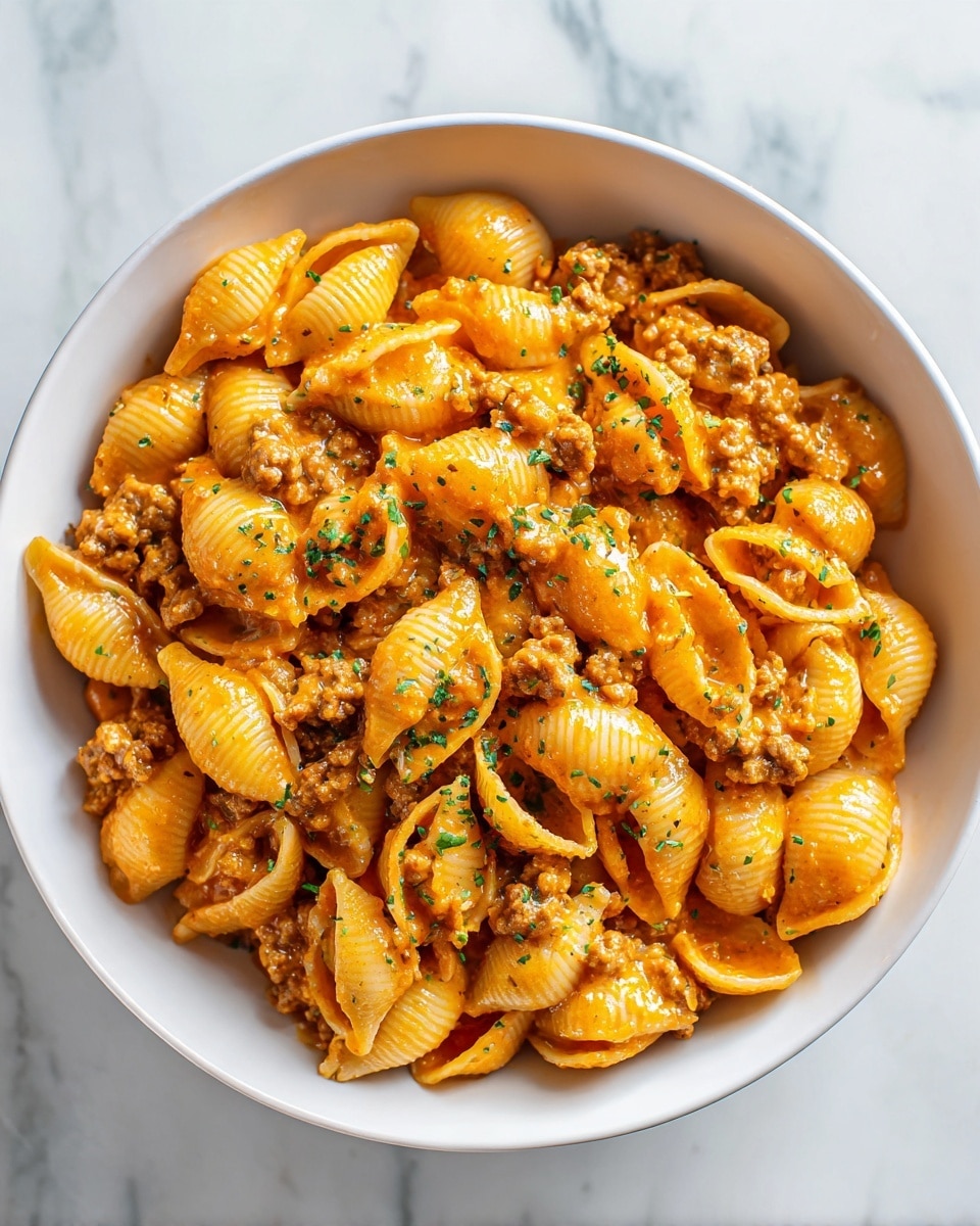 A white bowl filled with small shell pasta covered in a thick orange sauce mixed with small pieces of ground meat, all stirred evenly. The pasta shells have a smooth texture, and the sauce looks creamy with bits of green herbs sprinkled lightly on top. The bowl is placed on a white marbled surface, making the warm colors of the pasta stand out. photo taken with an iphone --ar 4:5 --v 7