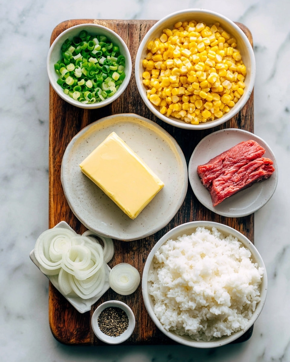 The image shows a wooden board on a white marbled surface with six small white bowls and plates arranged neatly. One bowl contains green onion slices, another is filled with bright yellow corn kernels. A larger white bowl holds plain cooked white rice. There is a small white plate with a yellow block of butter in the center, surrounded by thin white onion slices on one side and raw thinly sliced red meat on the other. A tiny white bowl holds black pepper. The scene is simple and clean with fresh-looking ingredients laid out clearly. Photo taken with an iphone --ar 4:5 --v 7